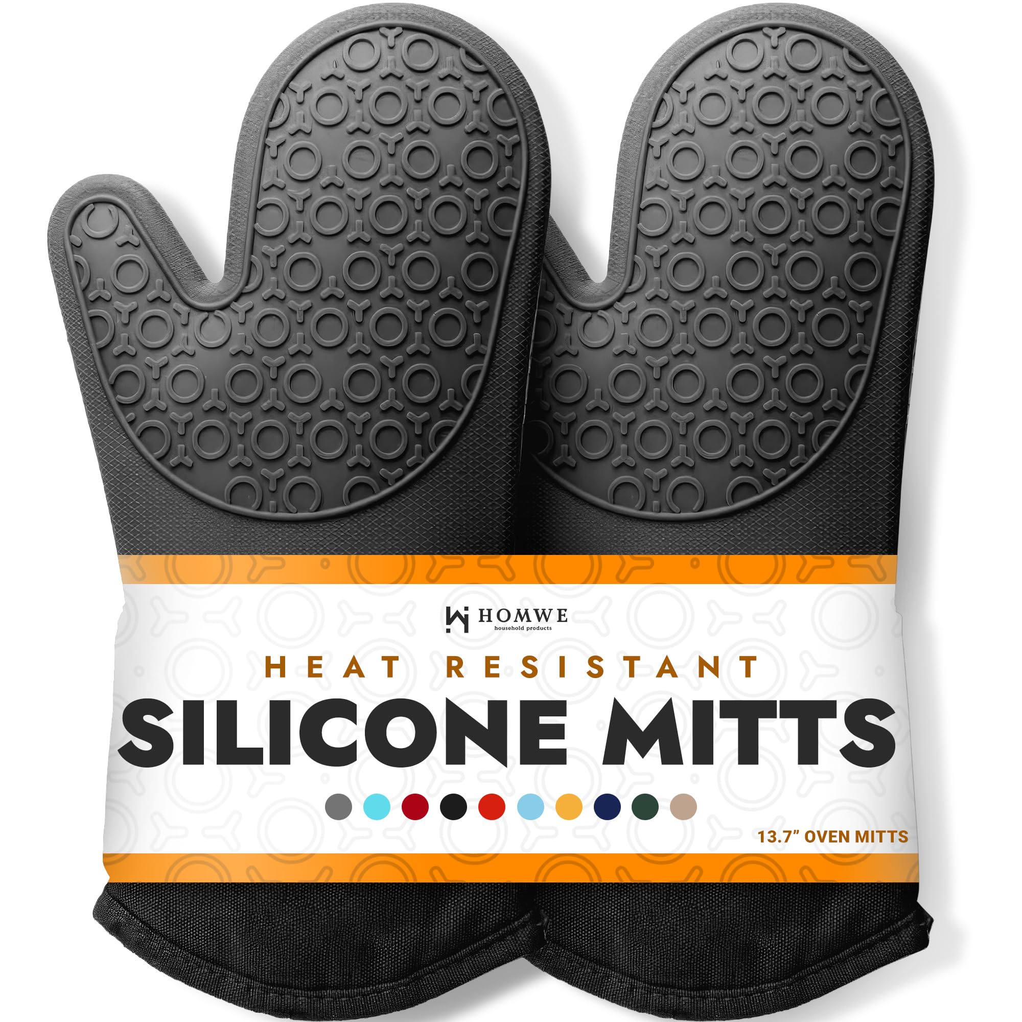 BPA-Free Silicone Oven Mitts Ultra Heat Resistant up to 500°F - Oven Mitts with Thick Cotton Liner - Long Slip Resistant Pot Holders, Flexible Oven Gloves - Black 13.7"