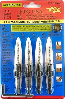 FTG USA Countersink Drill Bit Set 4 Pc #8(11/64") Countersink Drill Bit Same Size Countersink with Tapered Countersink Bit, 1 Stop Collar, 1 Hex Wrench (Allen Key) Woodworking Countersink Drill Bits