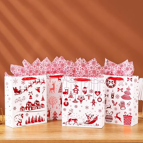 Miniatura 5 de OfficeCastle Paquete de 4 bolsas grandes de regalo de Navidad con papel de seda rojo, bolsas de regalo de papel kraft de 13 pulgadas con asas,