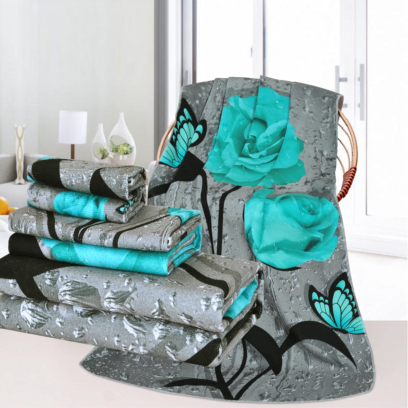 ASPMIZ 3Pcs Teal Gray Rose Beach Towels Set Include Beach Towel, Hand Towel and Wash Towel, Blue Rose Bath Towel Set for Bathroom, Super Soft Water Absorbent for Travel, Swim, Outdoor