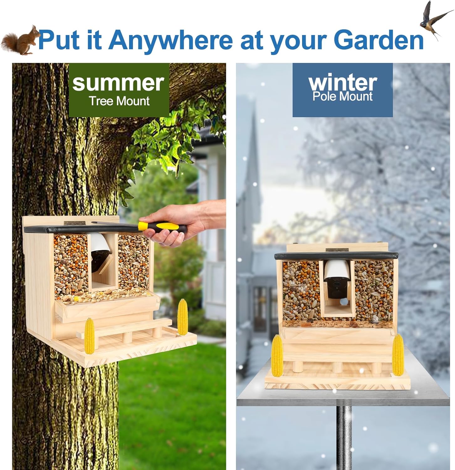 Squirrel Feeder with Camera Solar Powered：2.5K HD Wireless samrt Squirrel Picnic Table Feeders for Outside Funny Nuts Bar,Wooden Chipmunk Box (Squirrel Feeder with Camera)