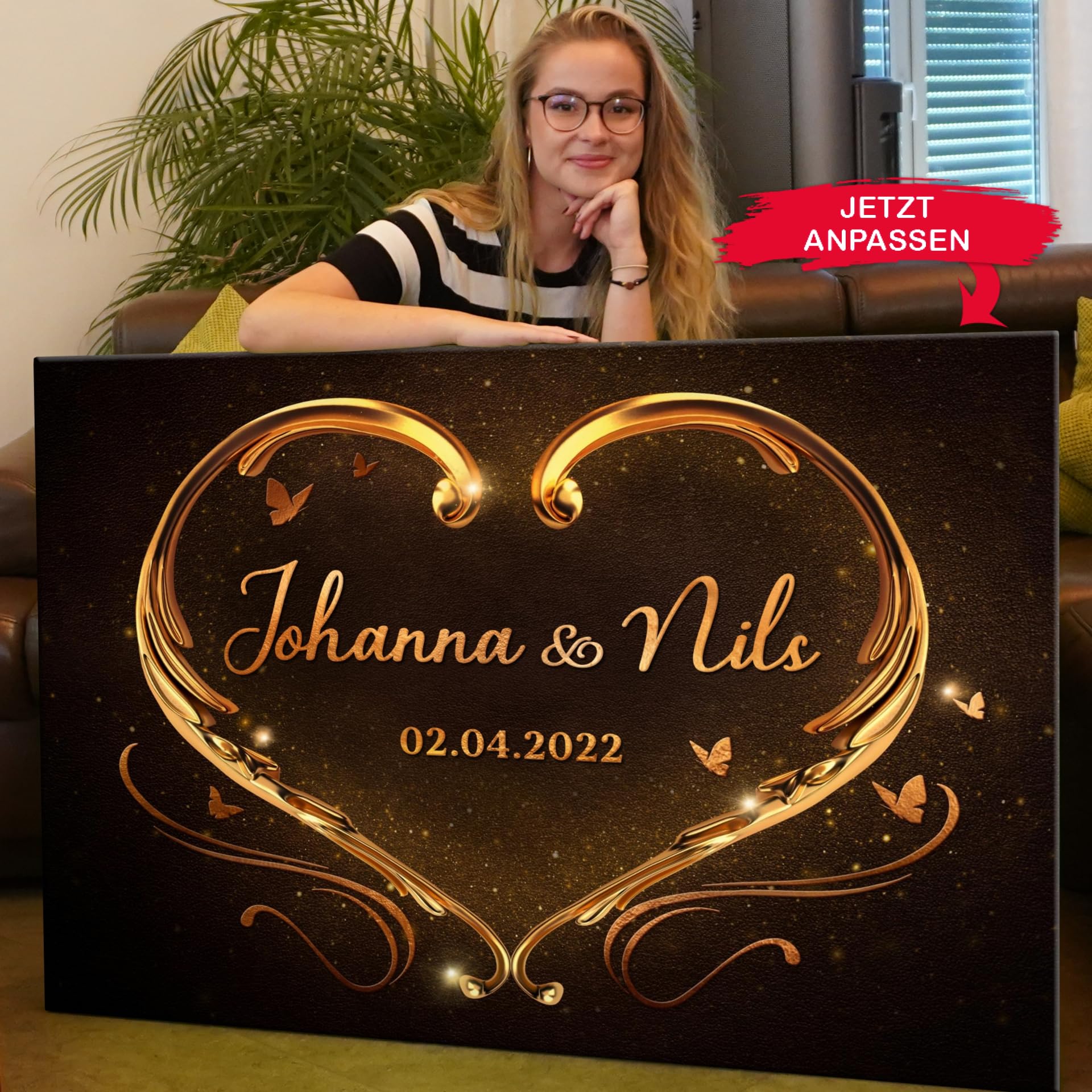 Liebesleinwand | Leinwand mit Namen und Datum | Wandbild gestalten, Jahrestag Geschenk für Frauen und Männer | Goldenes Herz
