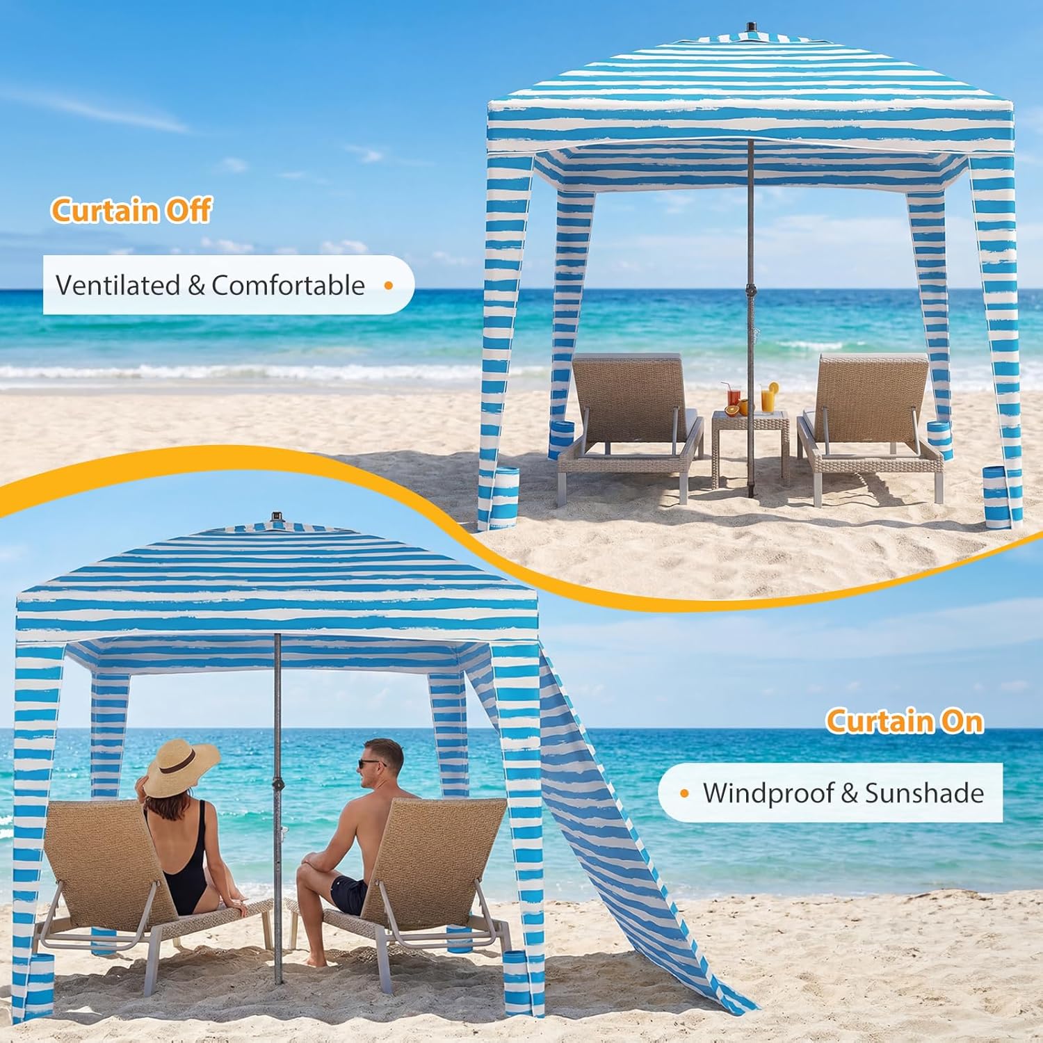 NEWBULIG Beach Cabana - 6 x 6 ft UPF 50 + Sun Protection, Detachable Waterproof Side Wall, 4 Corner Pockets, Cool Cabana Beach Tent 4.2 kg Compact Design for Beach/Camping, Light Blue Stripes