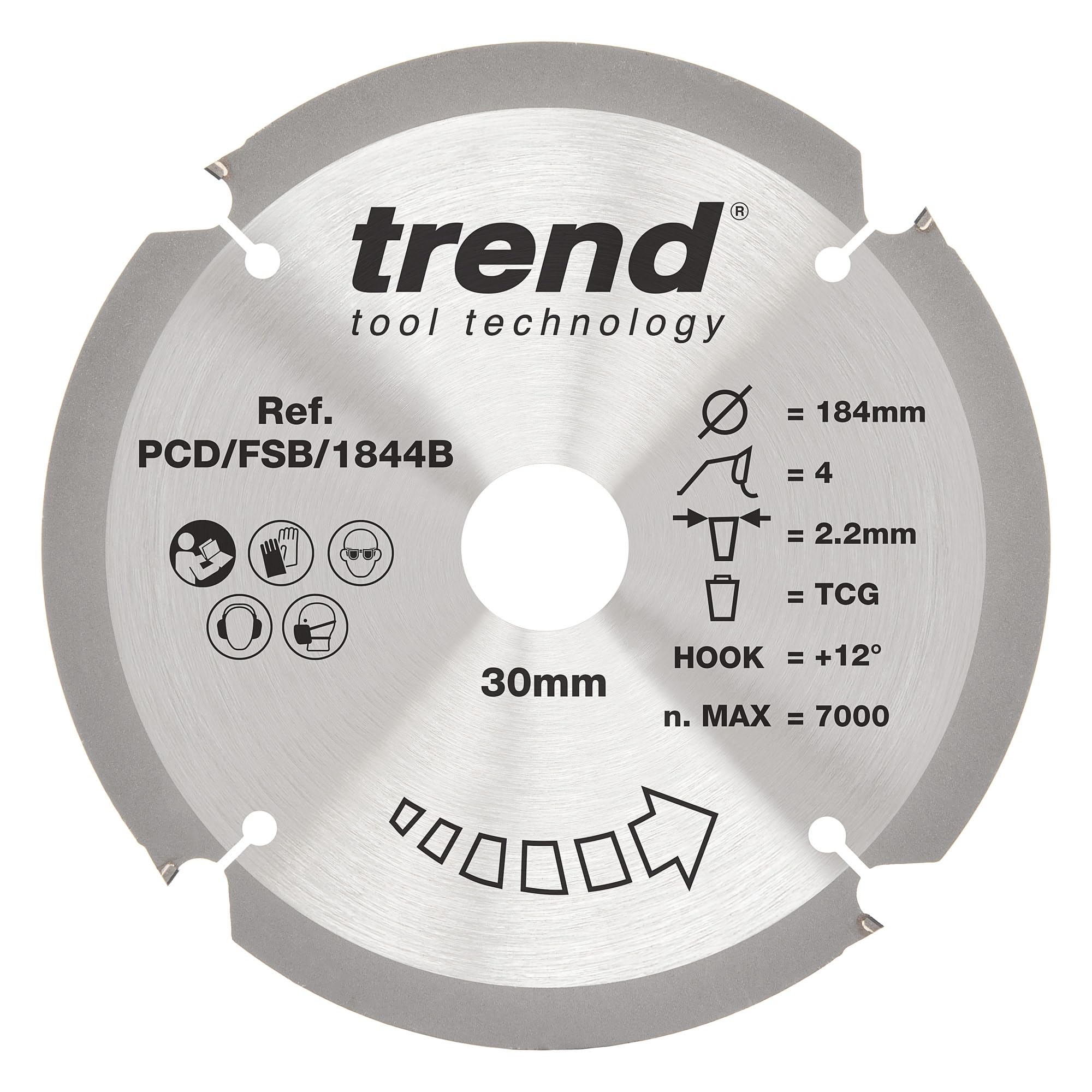 Trend PCD Fibre Cement Circular Saw Blade, 184mm Diameter, 30mm Bore, 4 Teeth, 2.2mm Kerf, +12° Hook, PCD, Coarse Finish, PCD/FSB/1844B