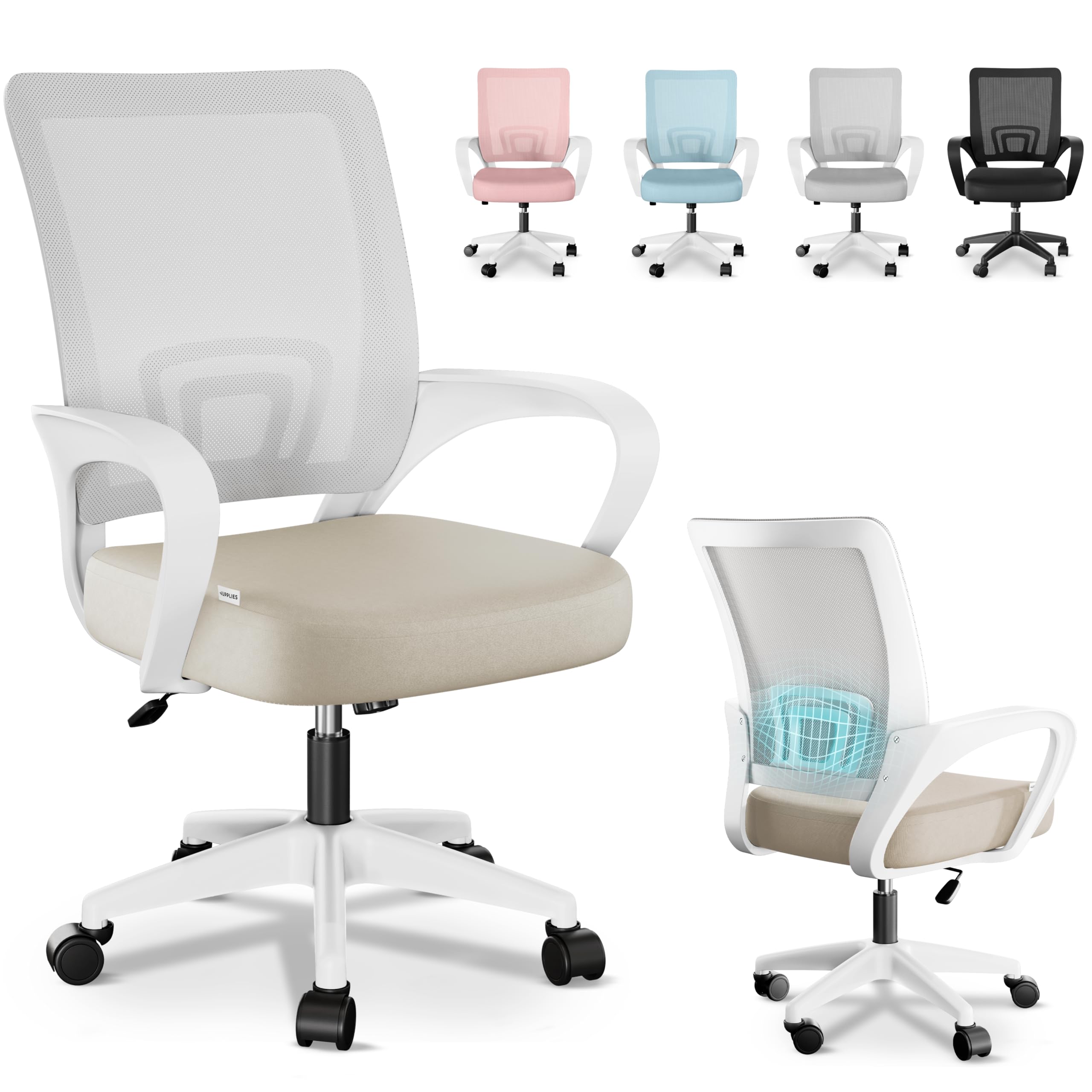 JUPPLIES Silla Escritorio Ergonomica - Silla Oficina con Apoyo Lumbar, Estructura de Plastico, Malla Transpirable, Ruedas Giratorias 360° Soporta hasta 110kg (Beige)
