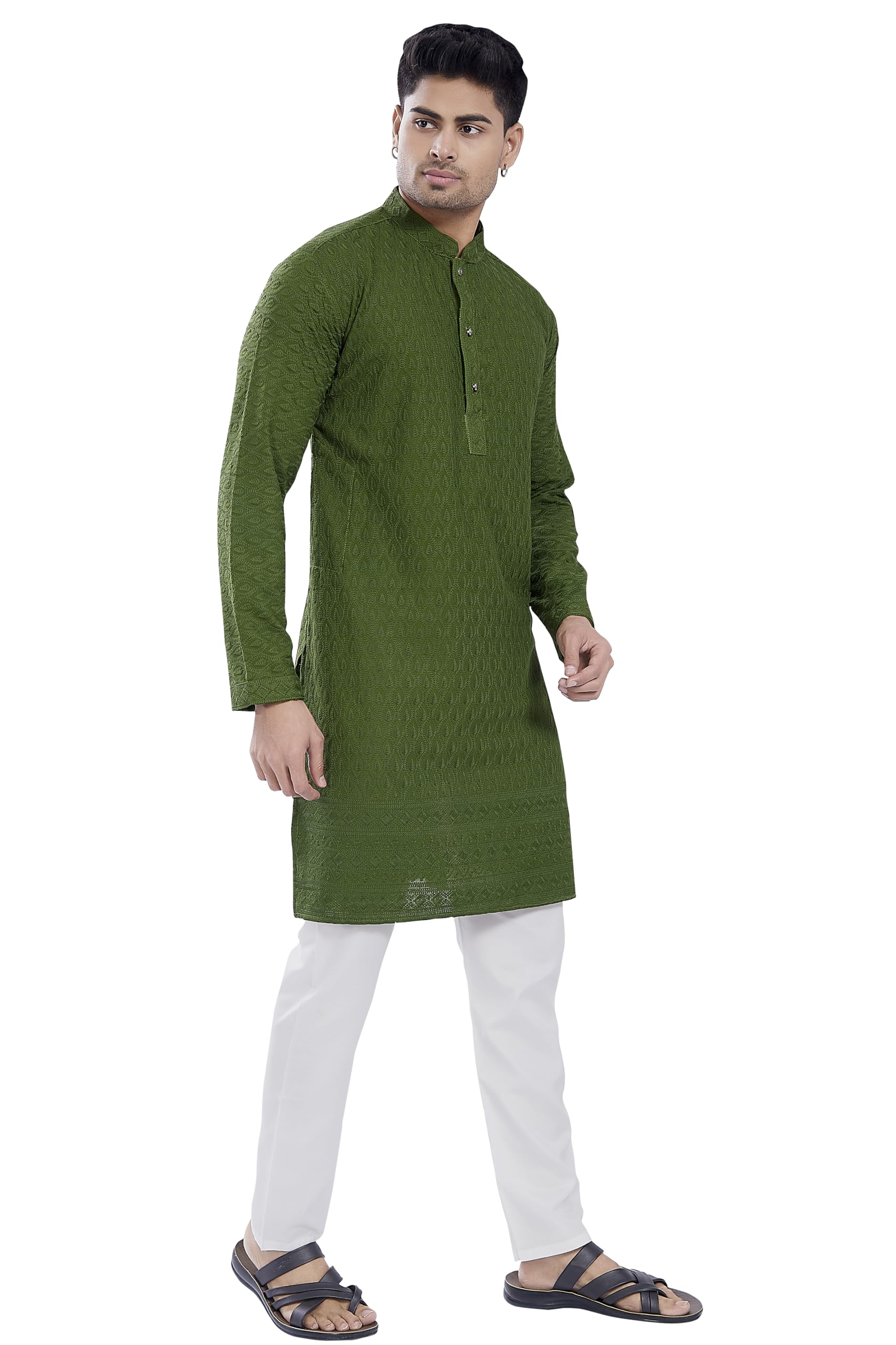 Divisive Men's Thread Embroidered Cotton Blend Only Slim Fit Kurta (Dkrt732_S_Mehendi)