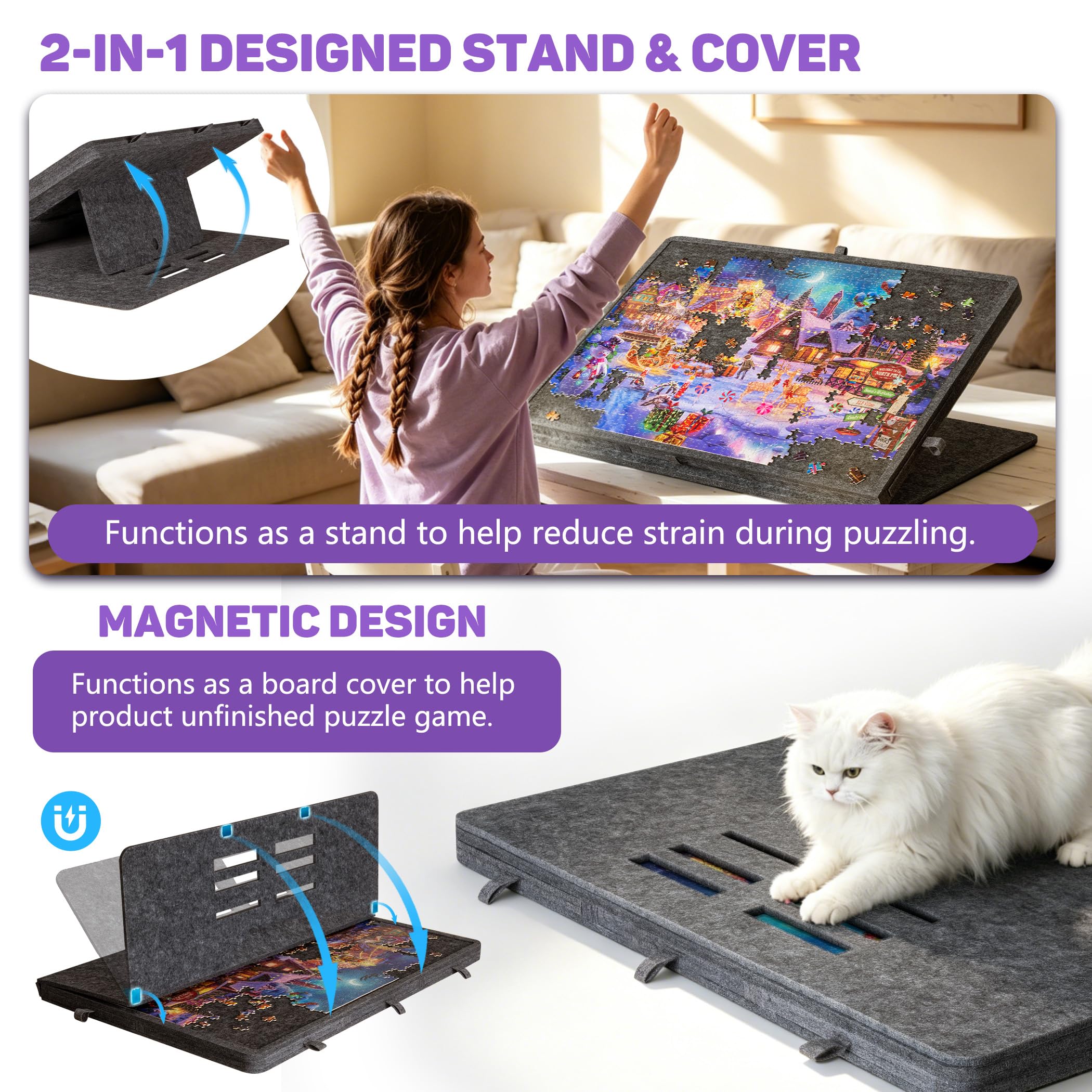Planche de puzzle inclinable de 1000 pièces avec support et housse 2 en 1, table de puzzle à 3 angles réglables avec 6 tiroirs colorés, planches de jeu légères pour adultes