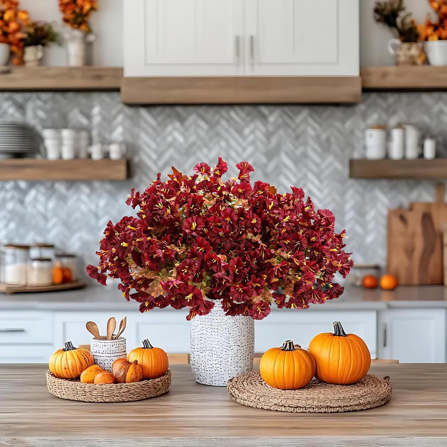 10PCS Outdoor Fall Faux Flowers UV Resistant Morning Glory Artificial Flowers Eucalyptus Plants for Autumn Garden Patio Window Box Planter Home Decor (Burgundy) - Image 4