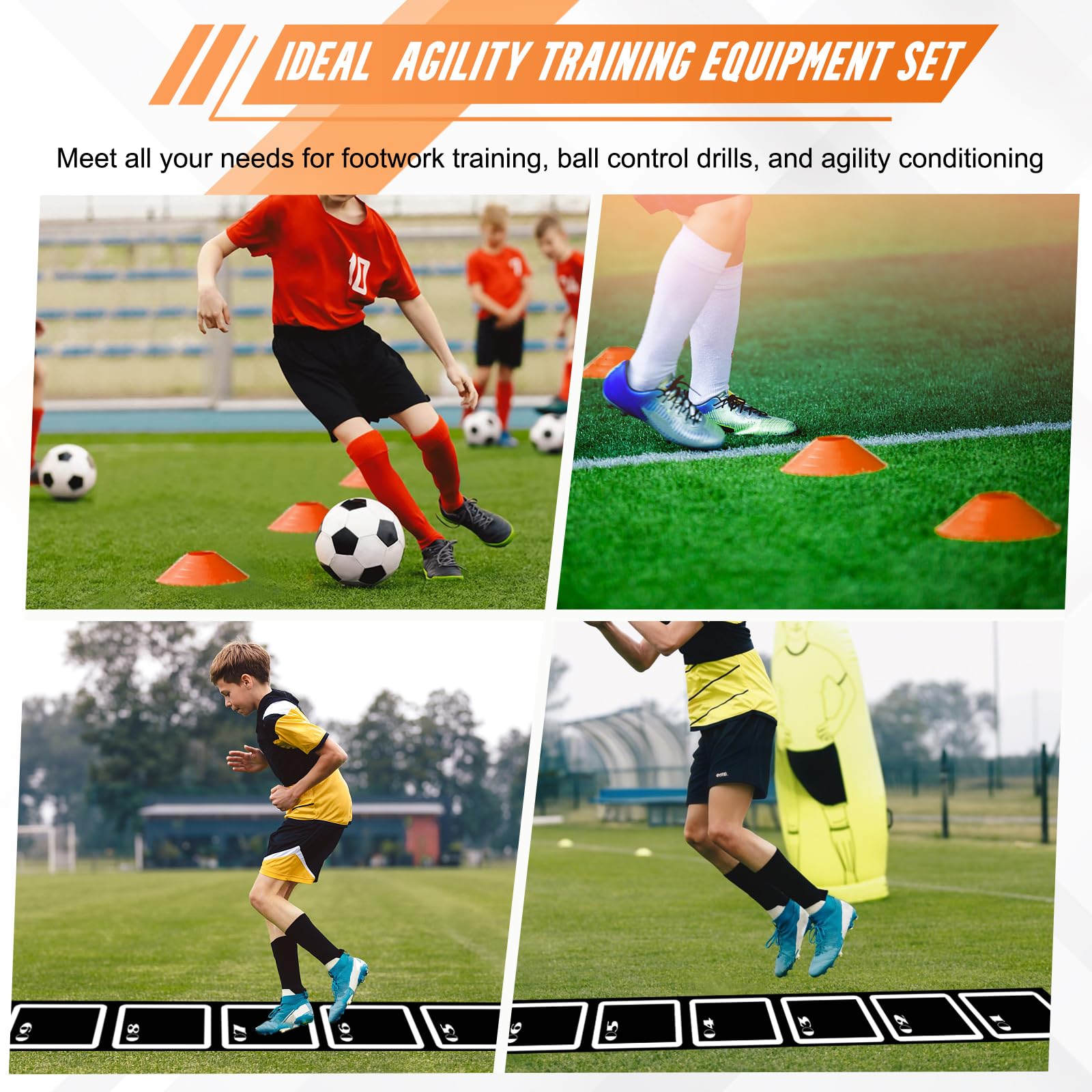 Agility Set:Fußballmatte Trainingsmatte, Fußball Trainingszubehör, 4.5m Fußball Schritt Trainingsmatte, mit 10 Hütchen und Aufbewahrungstasche, Trainingsset Equipment Zubehör Fußballtraining