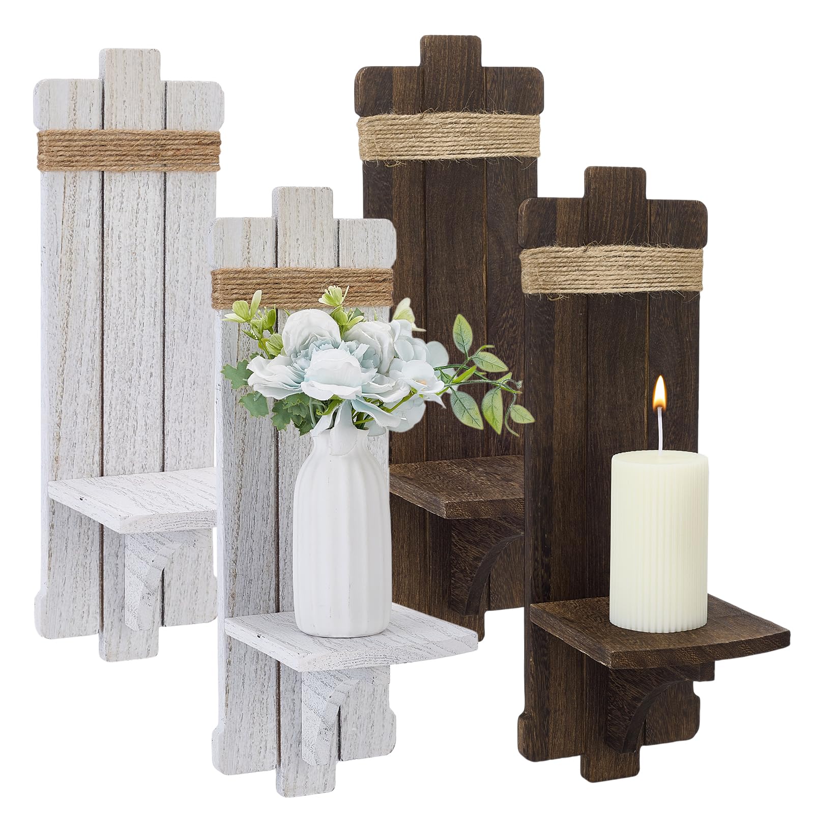 Candelabros decorativos de madera rústica bicolor, set de 4 soportes de pared colgantes