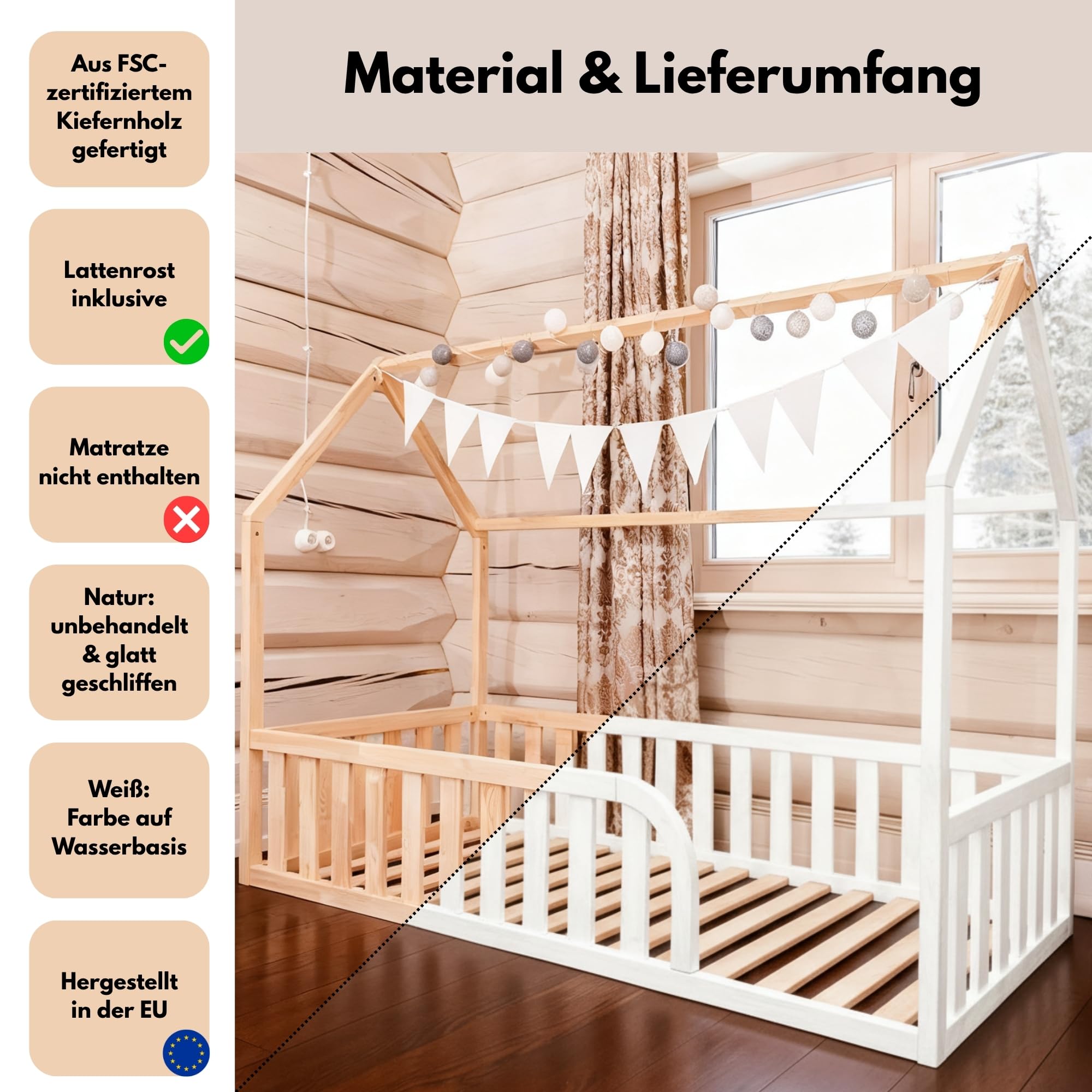 Bodenbett 90x160 für Kleinkinder, Montessori Hausbett aus FSC-Kiefernholz Weiß, Kinderbett mit Lattenrost und 41 cm Rausfallschutz, Einstieg Links