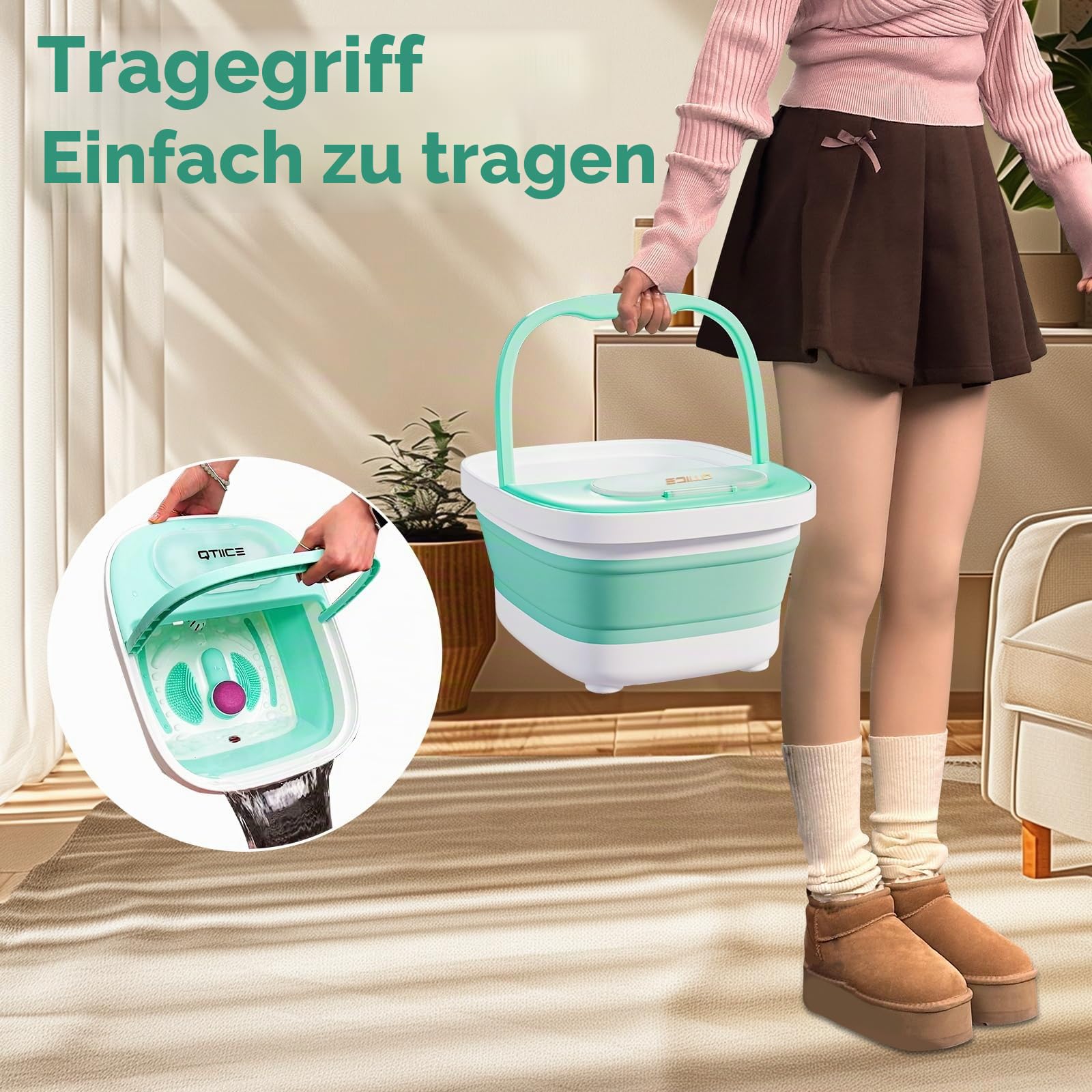 Zusammenklappbares Fußbad und Massagegerät mit Heizung, Blase, Virbration, Rotlicht, Fußbadeschüssel mit 3 Pediküre-Aufsätzen zur Pflege Ihrer Füße (grün) | Fußbadeschüssel mit 3 Pediküre-Aufsätzen zur Pflege Ihrer Füße (grün)