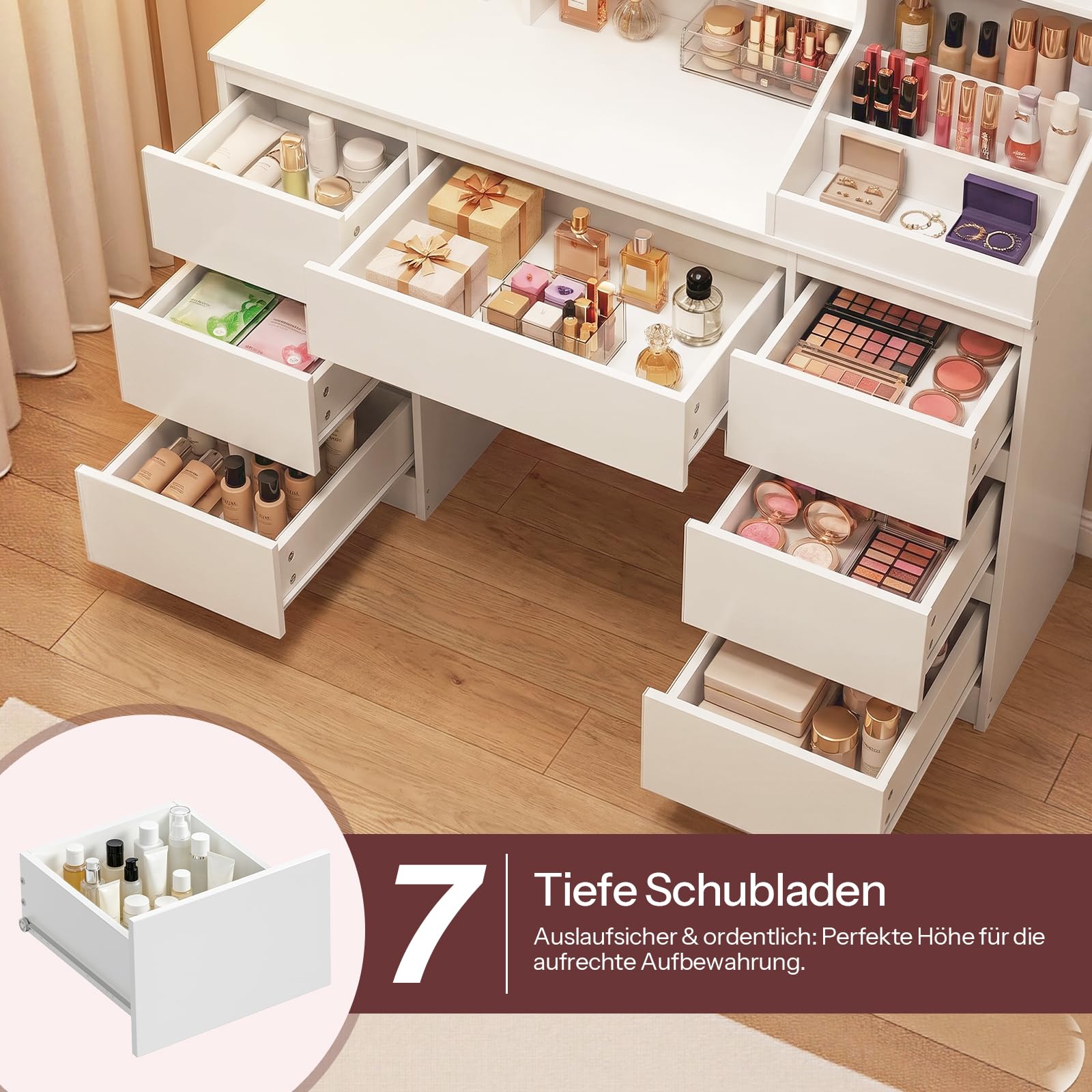 HOOBRO Schminktisch mit Ladestation (2X Steckdose, 1x USB-A, 1x Typ C), Schminktisch mit LED-Licht, 7 Schubladen, 5 offenen Fächern, inkl. Spiegel, für Schlafzimmer, Ankleidezimmer, Weiß