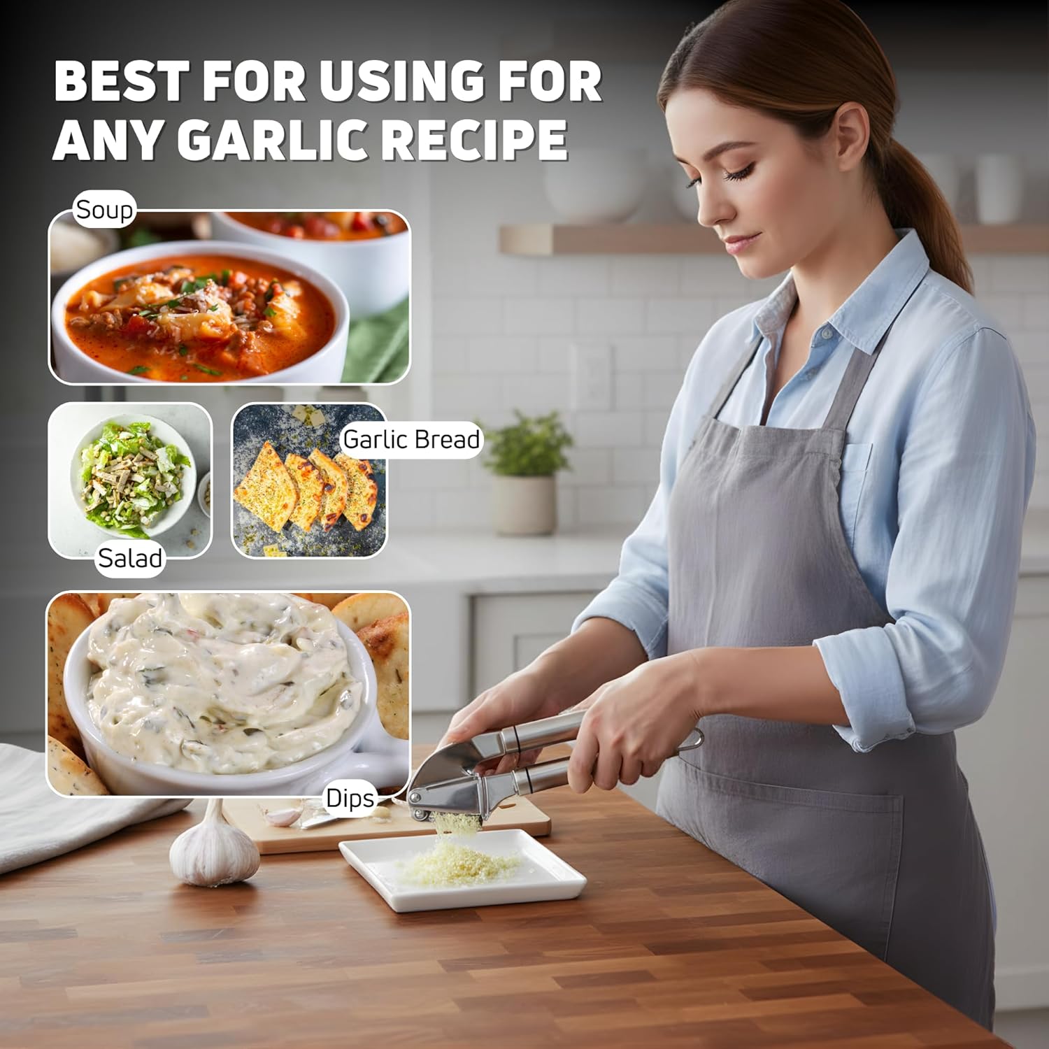 KUYRA Garlic Press Stainless Steel Set Premium Professional Garlic Mincer, Silicone Peeler & Brush, Clove Crusher, Handheld Mincer & Squeezer, Easy Clean Rustproof, Dishwasher Safe Kitchen Peelers