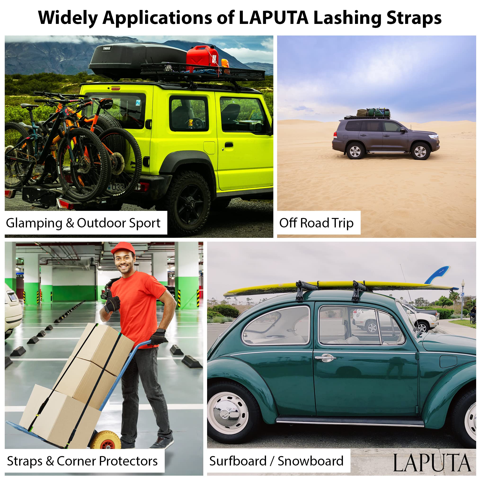 LAPUTA Roof Rack Straps - 2 Pc Cam Straps for Kayak, Canoe, Surfboard, Snowboard, Lashing Straps with Buckles Adjustable Cam Buckle Tie Down 1” x 10 Ft, 2 Safety Clips, 4 Box Protectors & Carry Bag