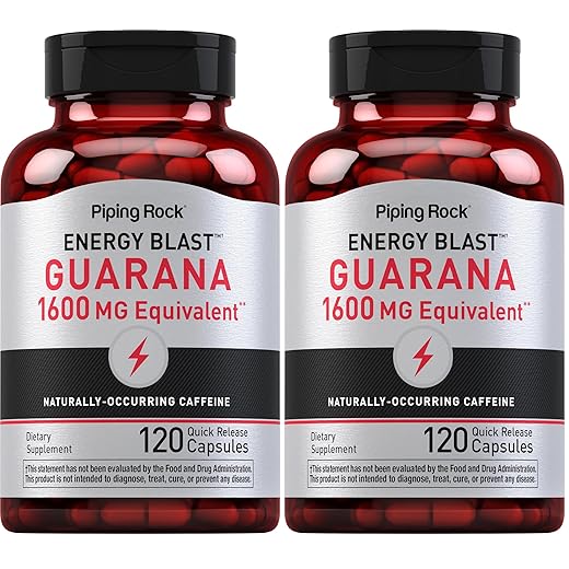 Piping Rock Guarana Capsules 1600 mg | 120 Count | Mega Strength Powder Extract Pills | Non-GMO, Gluten Free Supplement (Pack of 2)