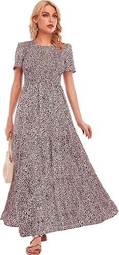 Miniatura 4 de MANAIXUAN Vestido largo de verano para mujer, con estampado floral, manga corta, acampanado, largo escalonado, para fiesta