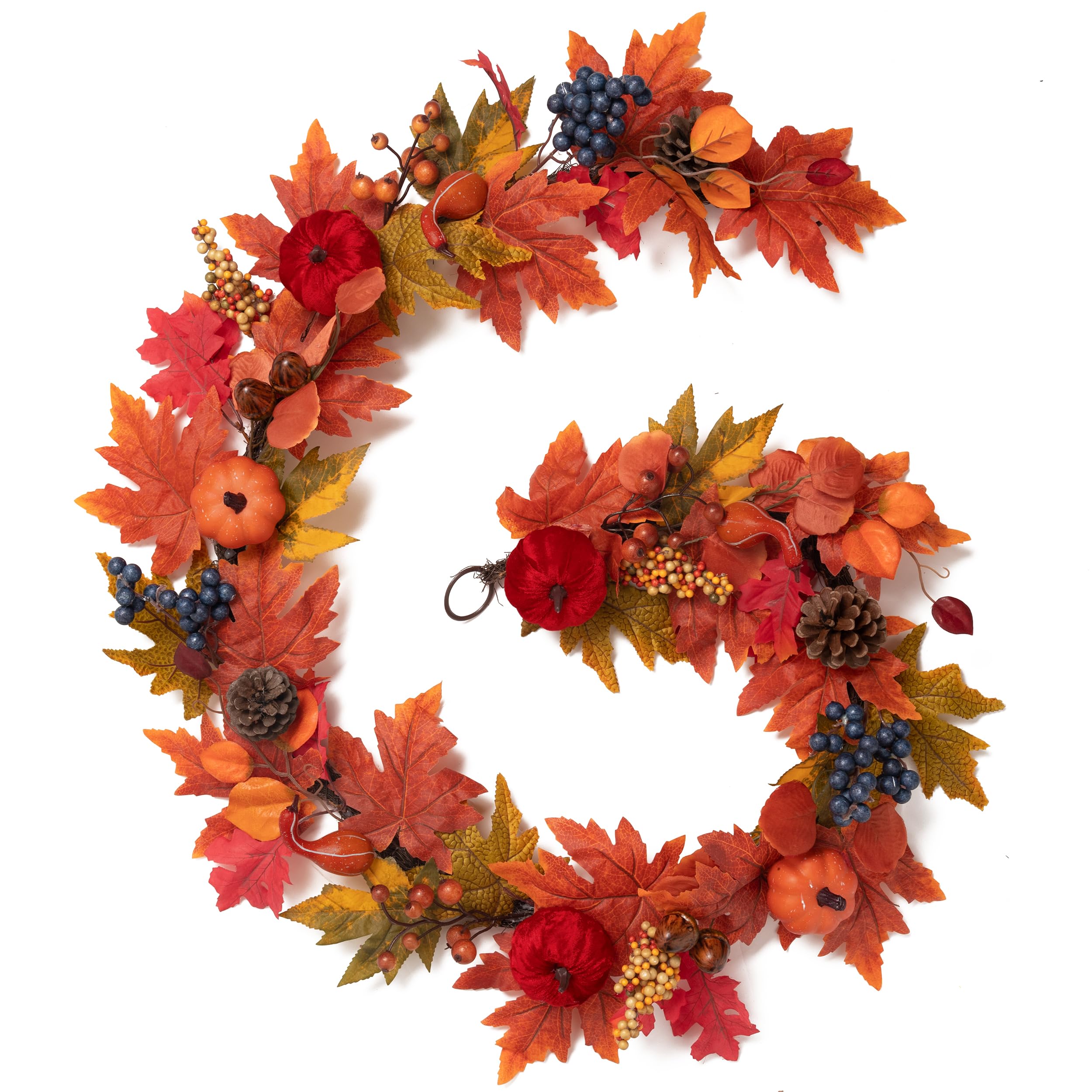 Valery Madelyn 6Feet Autumn Pumpkins Garland, Fall Garland with Eucalyptus, Blueberries, Pine Cone Maple Leaves for Thanksgiving living Room, Stairs, Fireplace Home Decor