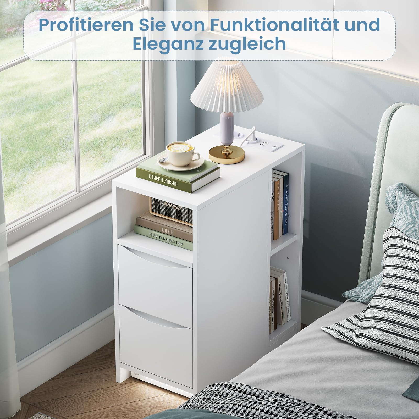 Brinlawb Nachttisch Schmal mit Ladefunktion und LED-Beleuchtung, Nachtschrank mit 3 offenen Fächern, 2 Schubladen Beistelltisch Schmal Sofatisch für Wohnzimmer, Schlafzimmer, Perfekt für kleine Ecke