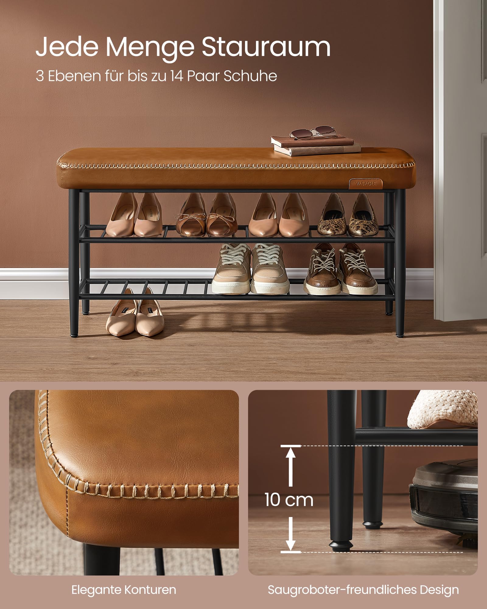 VASAGLE EKHO Kollektion - Schuhbank, Sitzbank, Sitztruhe, Eingangsbereich, Kunstleder, Nähte, Mid-Century-Modern-Stil, modern, bis 135 kg belastbar, 30 x 100 x 50 cm, karamellbraun LSB113K01