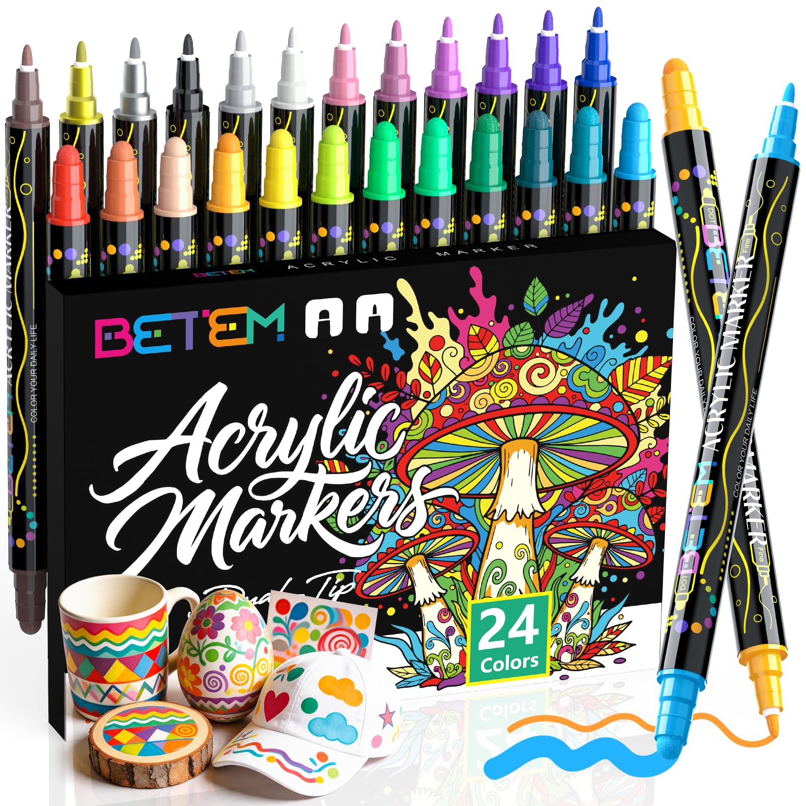 Betem 24 Colours Acrylic Markers Double Ended Acrylic Markers for Painting Stones, Fabric, Wood, Canvas, Ceramic, Graffiti, Glass, Lettering Markers for Crafts