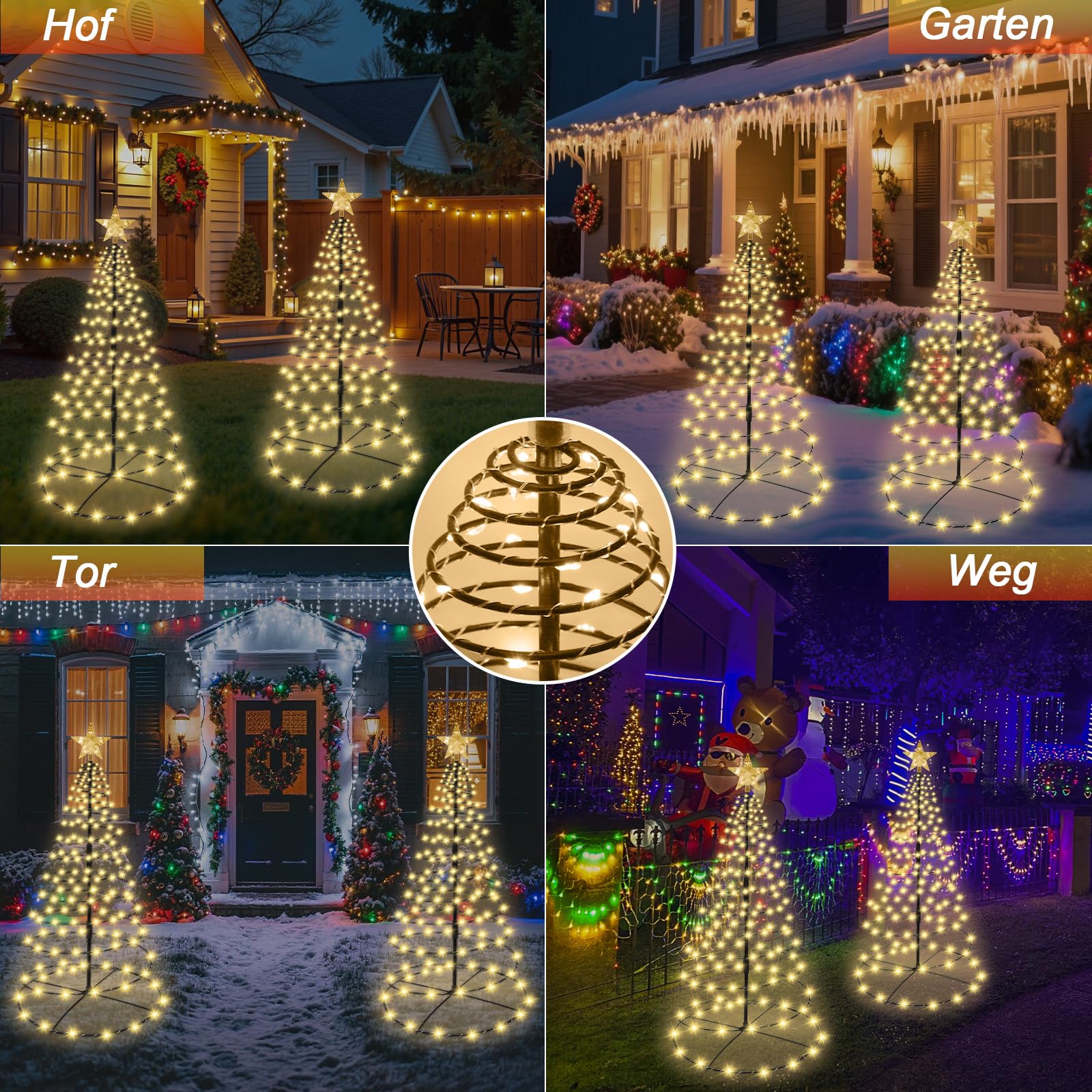 Łańcuch świetlny, 2 sztuki, spiralna choinka, 270 diod LED, 8 trybów, wodoszczelny – idealna dekoracja zewnętrzna na chodniki, podwórka, ogrody i ścieżki
