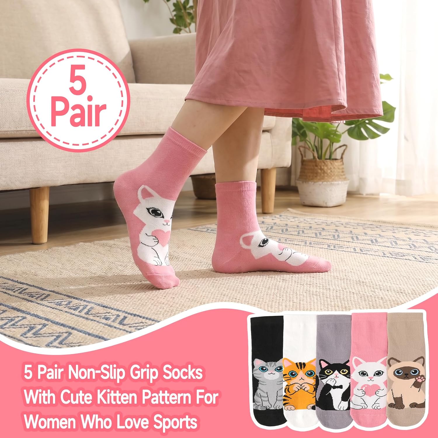 5 Pairs Pilates Grip Socks for Women Yoga Grippy Socks Cute Cozy Animal Pattern Athletic Crew Sock Workout Hospital