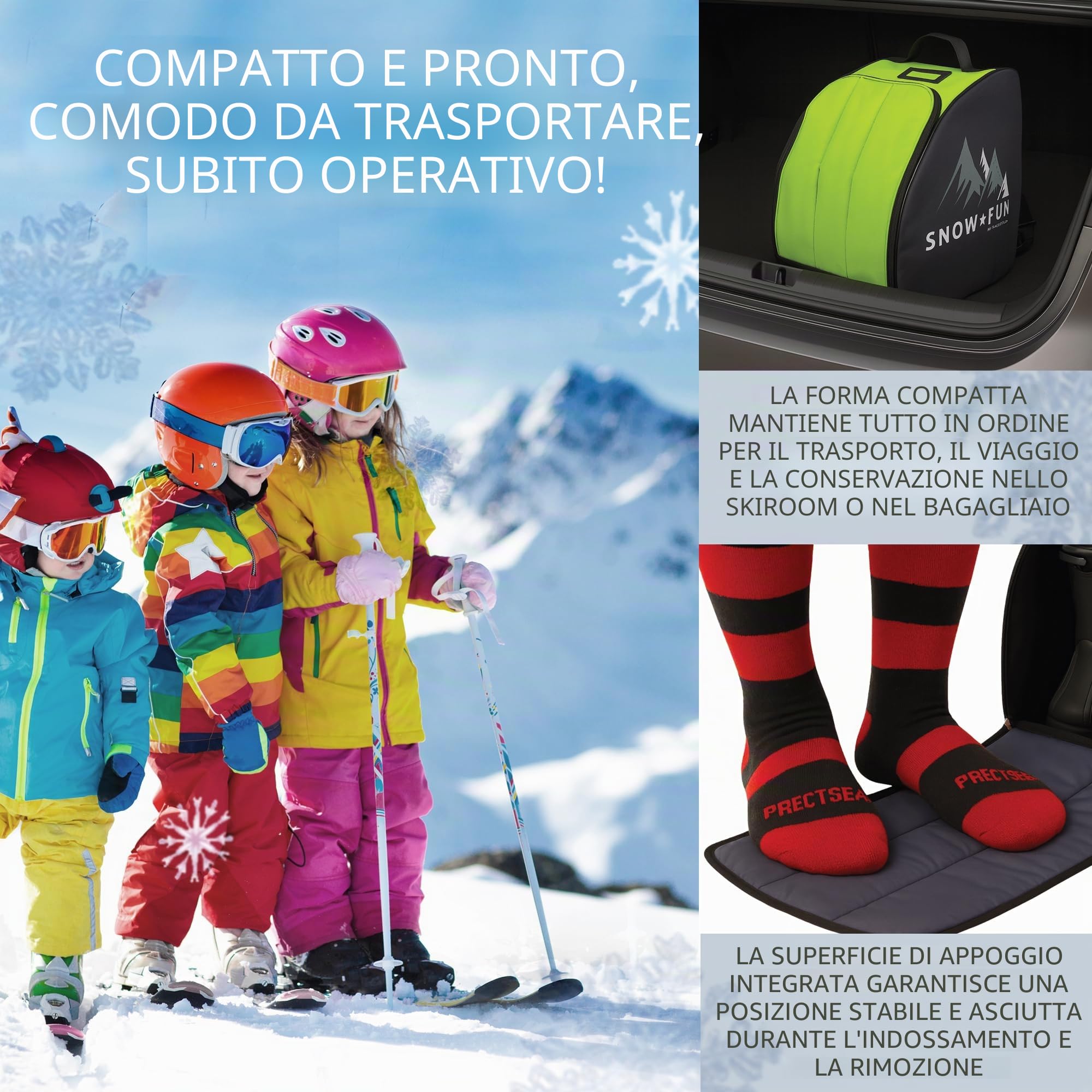 BambiniWelt by Rafael K. Borsa per stivali da sci per bambini [borsa per scarpe da sci per bambini] zaino da sci con superficie integrata per stivali, casco da sci, guanti da sci per bambini