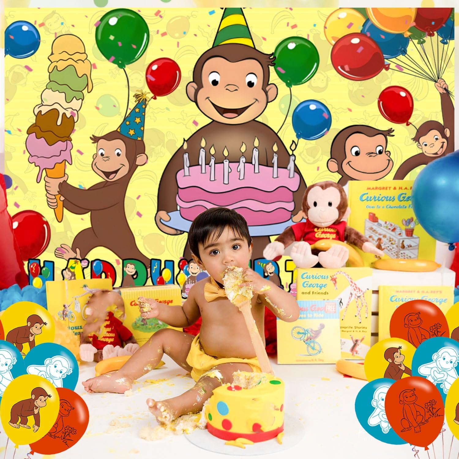 Monkey Birthday Party Decorations Banner Backdrop - Cartoon Monkey Themed Banner Party Supplies for Kids Fans, Happy Birthday Photography Background Wall Decor 5 * 3 Ft