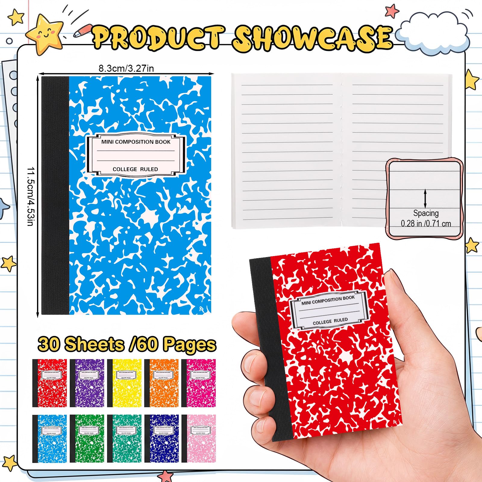 Resurhang Mini-Kompositions-Notizbuch, Großpackung, liniert, 11,4 x 8,26 cm, kleines Tagebuch, Notizbücher, 30 Blatt/60 Seiten, Marmoreinband für Schule, Bürobedarf, mehrfarbig, 200 Stück