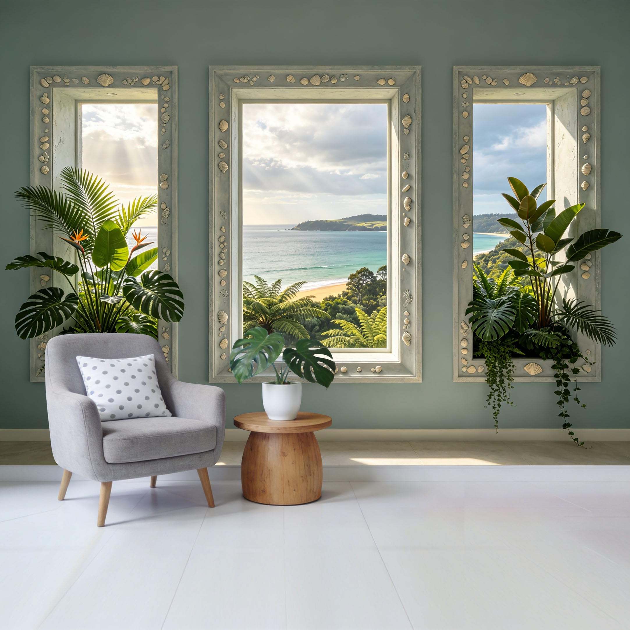 Custom Size Wall Mural Coastal Ocean View with Tropical Plants and Seashell Frame Removable Self Adhesive Fabric Home Wall Decor for Living Room Bedroom Bathroom