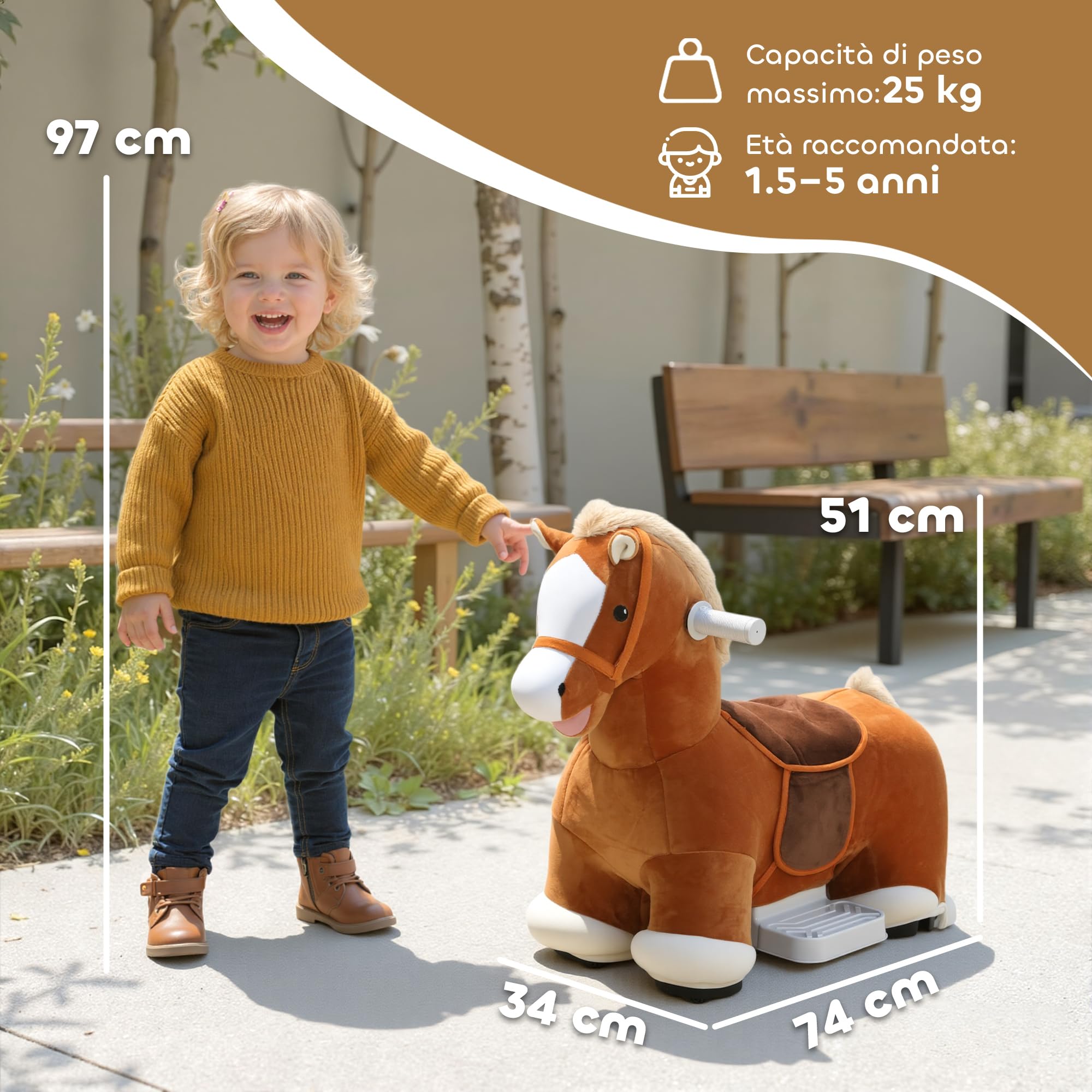 AIYAPLAY Cavallo Elettrico per Bambini 1.5-5 Anni 74x34x51 cm Marrone | con Pedali, Rotelle e Suoni Integrati, Cavallo Giocattolo in Peluche, PP, Metallo e ABS