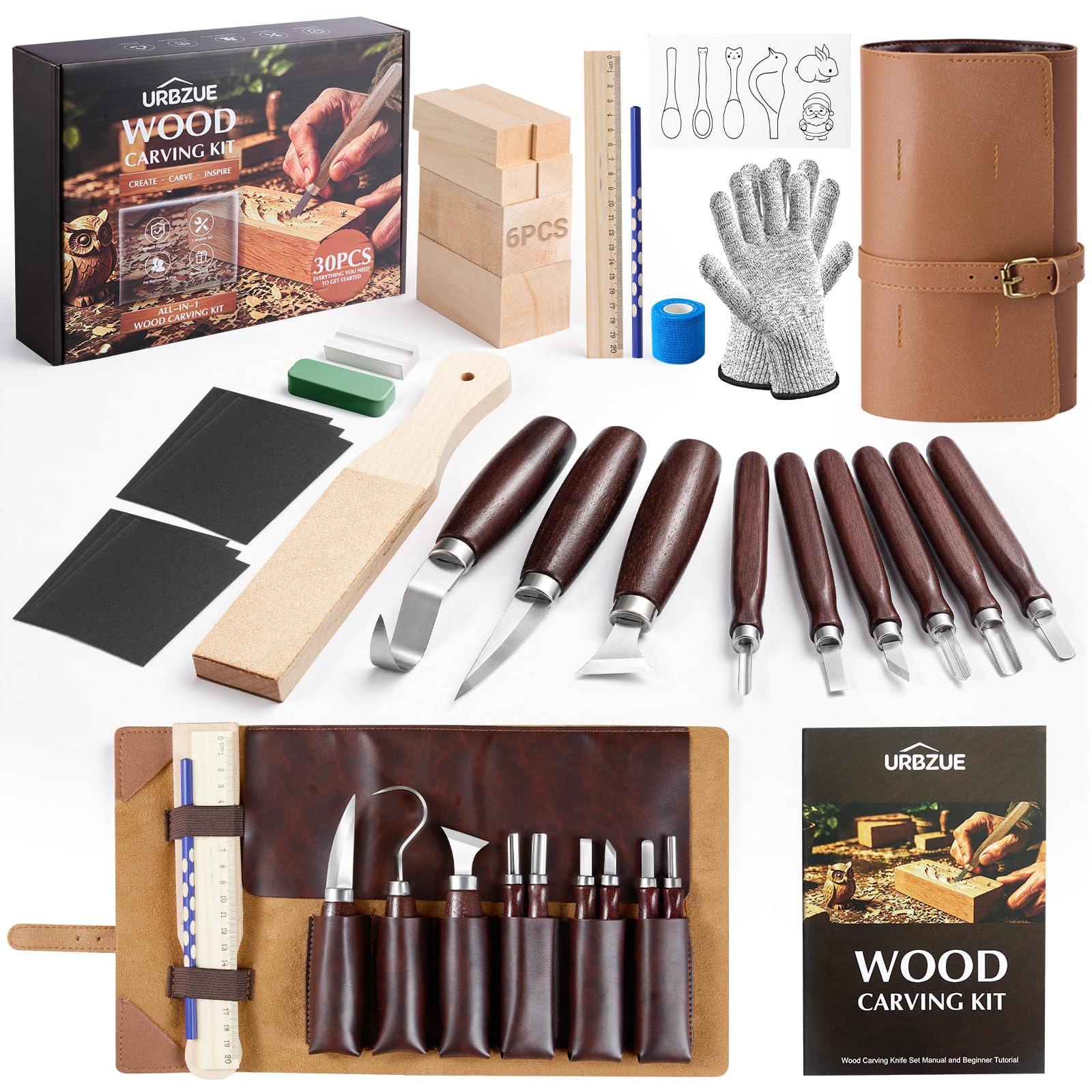 30 en 1 Kit Sculpture Bois, Outils de Sculpture avec Couteaux Sculpture Bois, Blocs à Sculpter, Pierre à Aiguiser, Pâte à Polir, Gants Anti-Coupure, Étui en Cuir, pour Débutants, DIY, Whittling