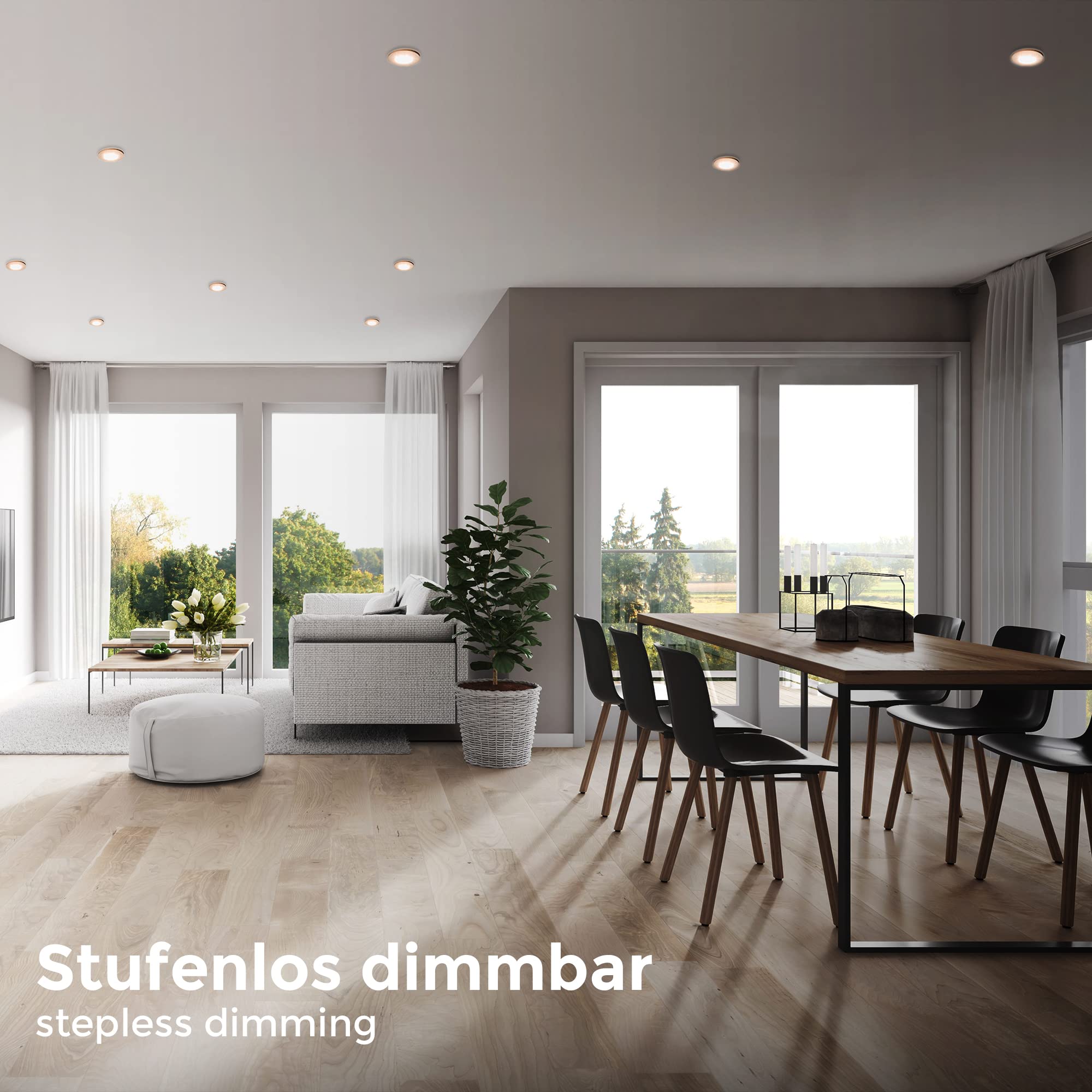 B.K.Licht - 6er Set LED Einbaustrahler 230V, stufenlos dimmbar, schwenkbar, Lochmass 68mm, flach, LED Spot, Deckenspots, Spots, Einbauleuchten, Einbauspots, Lampen, 90x24 mm, Matt-Nickel