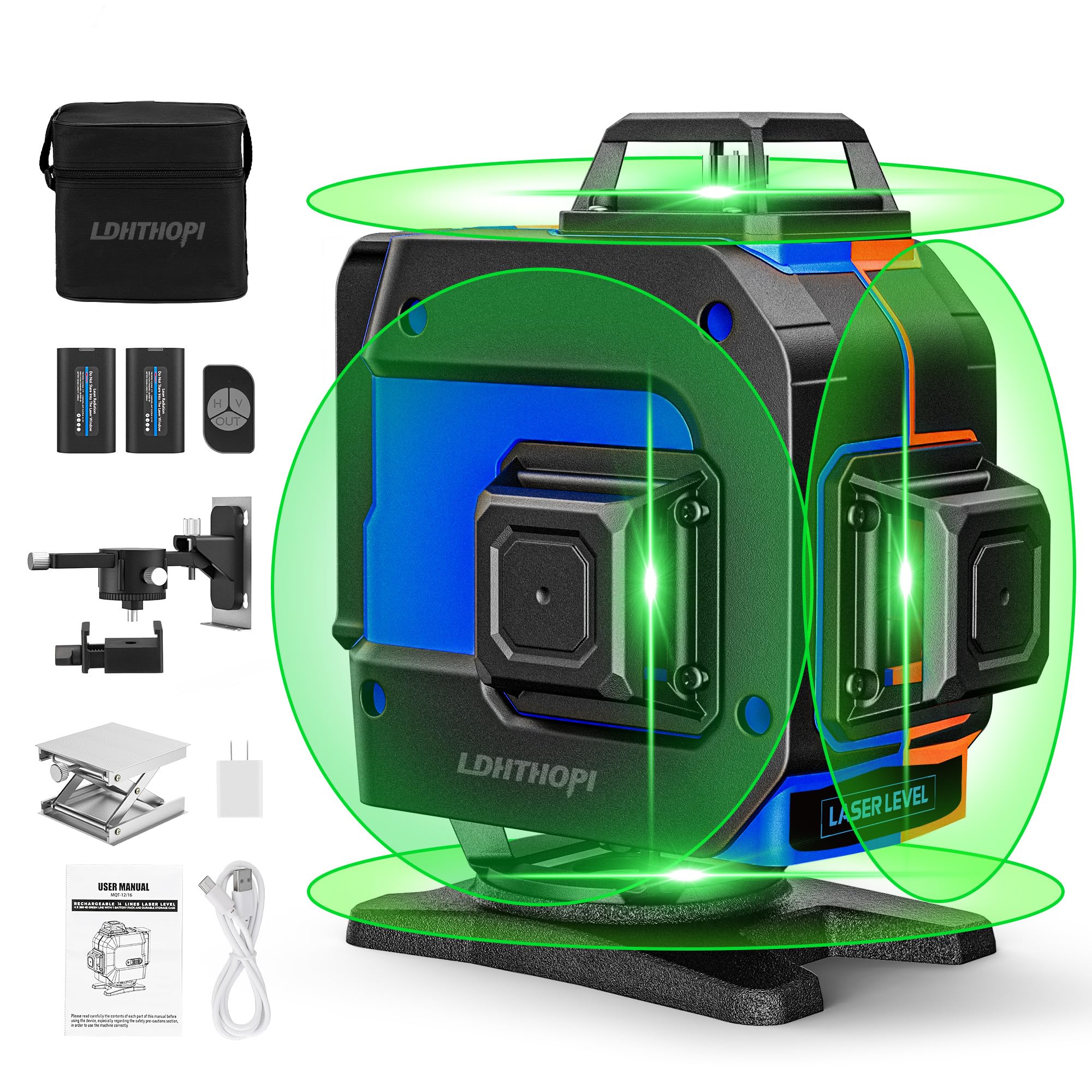 4D 200FT Laser Level, Green laser level 360 self leveling, 16 Cross Line Laser with 2 Rechargeable Batteries for Ceiling, Floor, Construction and Picture Hanging