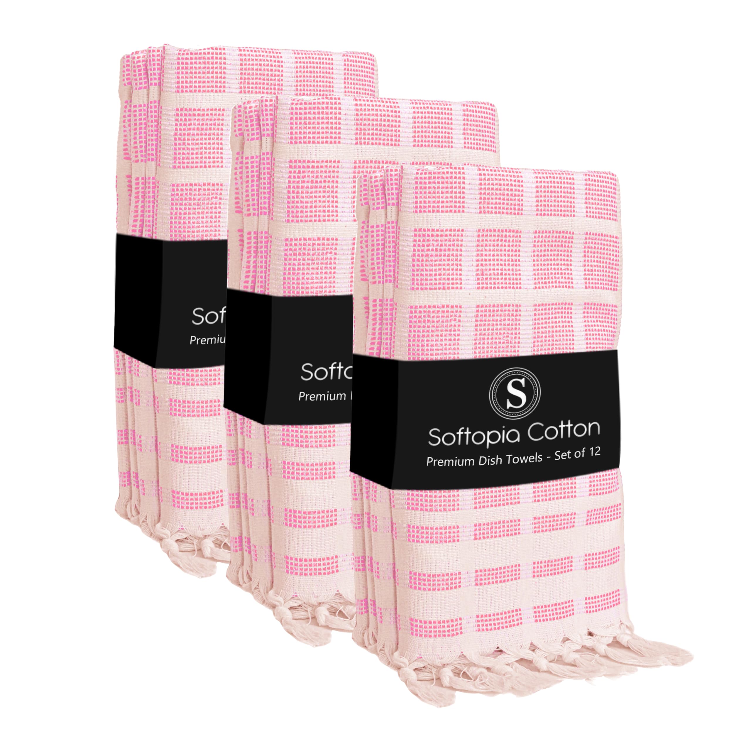 Matrix Dobby Kitchen Towels 12 Pack 100% Cotton, 16x26 Inches, Dish Towels with Knotted Tassels, Reusable and Washable Cloths for Cleaning, Drying Dishes - Rose Pink, Natural