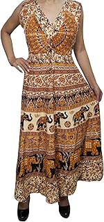 Mogul Interior Women Long Maxi Dress Tribal Printed Cotton Flared Boho Beach Dresses L Orange