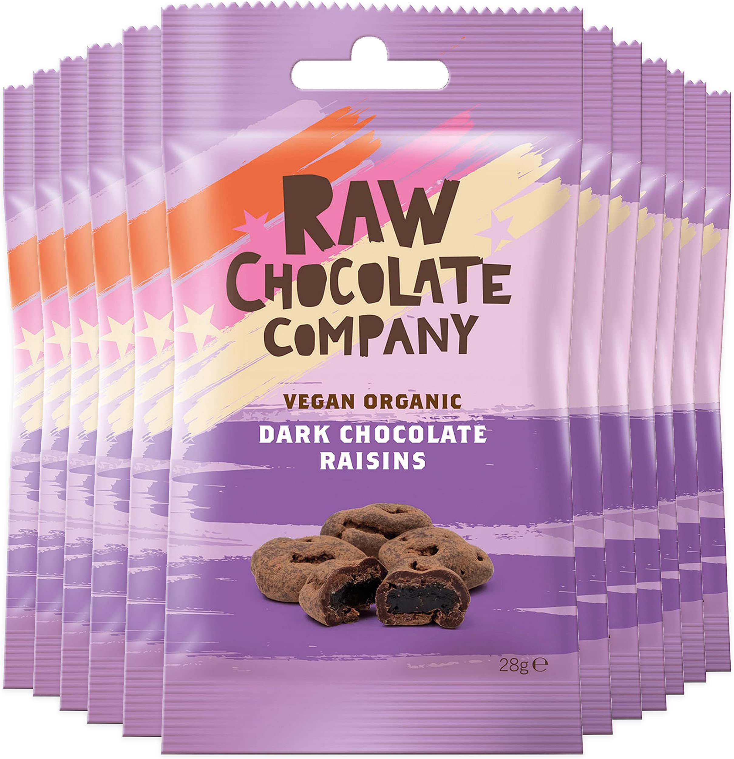 The Raw Chocolate Company Vegan Chocolate Raisins 28g x 12 - Organic Raw Lactose Free Dark Chocolate - 72% Cacao - Vegan Snacks - Gluten & Dairy Free Chocolate