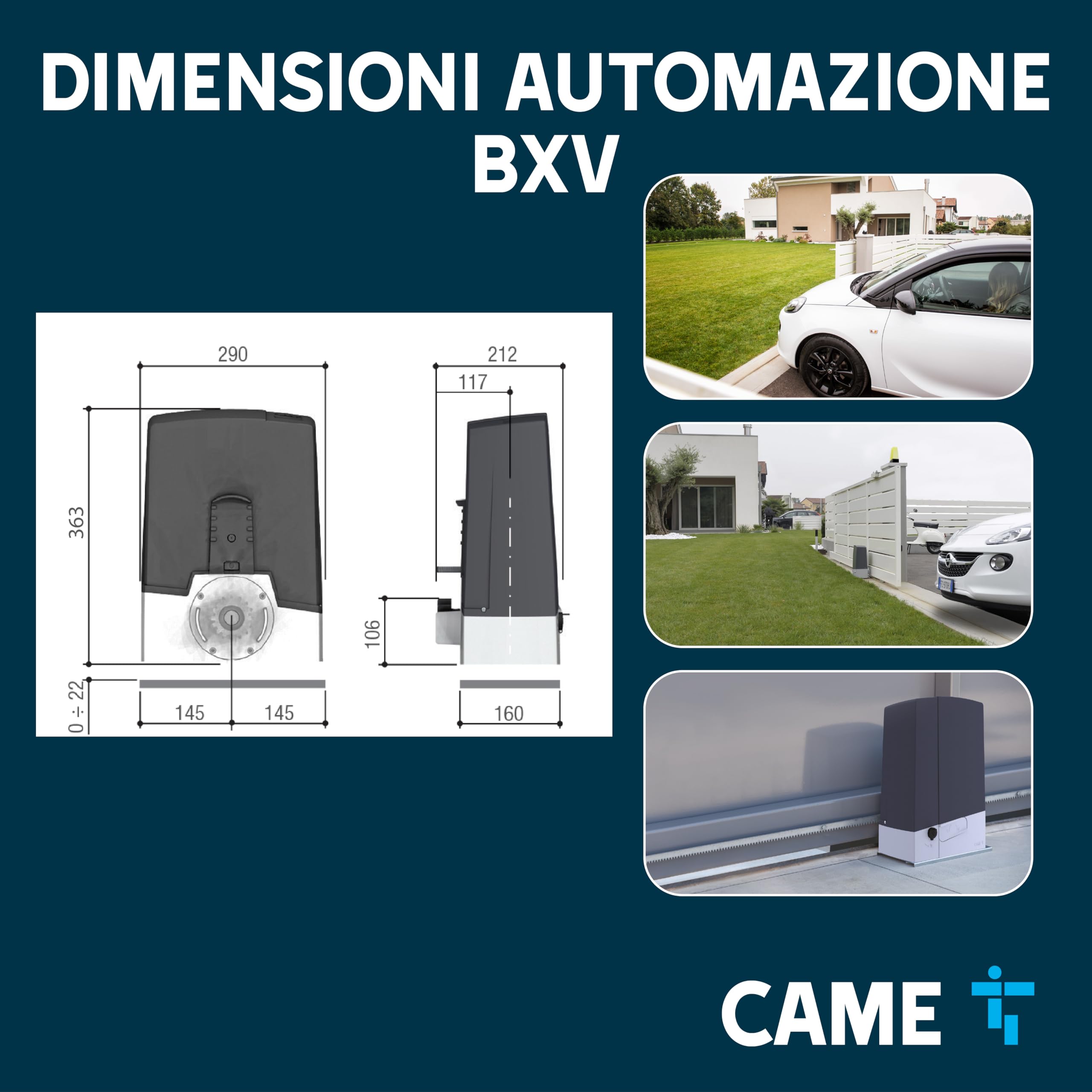 CAME Kit Motore BXV per cancelli scorrevoli fino a 600 kg e 18 m composto da motore a 24 V, fotocellule, due trasmettitori, scheda radiofrequenza, lampeggiante, base per il fissaggio, cavo antenna