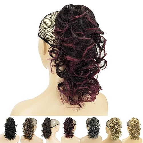IMISSU Extensiones de cabello rizado desordenado, cola de caballo con clip en extensiones de cola de caballo (negro degradado borgoña)