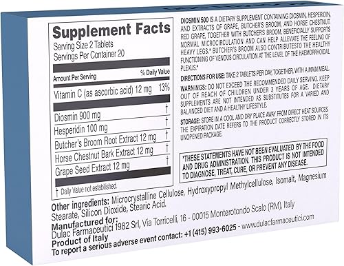 Miniatura 2 de Dulàc - Diosmin 500 con castaño de indias, escoba de carnicero, uva roja y hesperidina - Suplemento dietético - 40 tabletas - Hecho en Italia