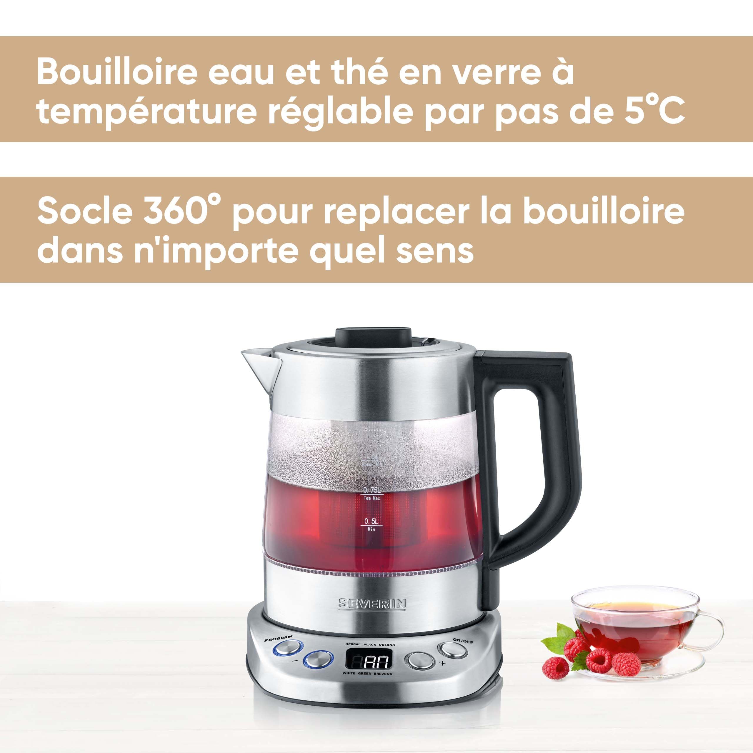 SEVERIN Bouilloire Eau et Thé, 1L, 2 200W, 5 Programmes d'Infusion Préréglés, Température et Temps Réglables, Verre/Inox, WK 3473