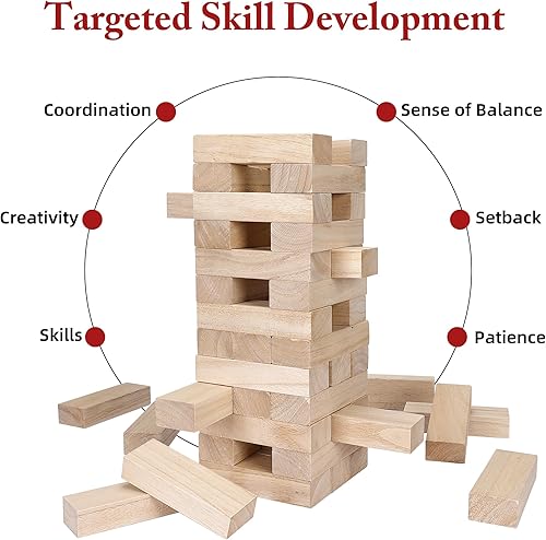 Miniatura 9 de Juego de torre gigante con bolsa de transporte, 54 bloques apilables de madera jumbo para juegos de patio en interiores y exteriores, torre grande
