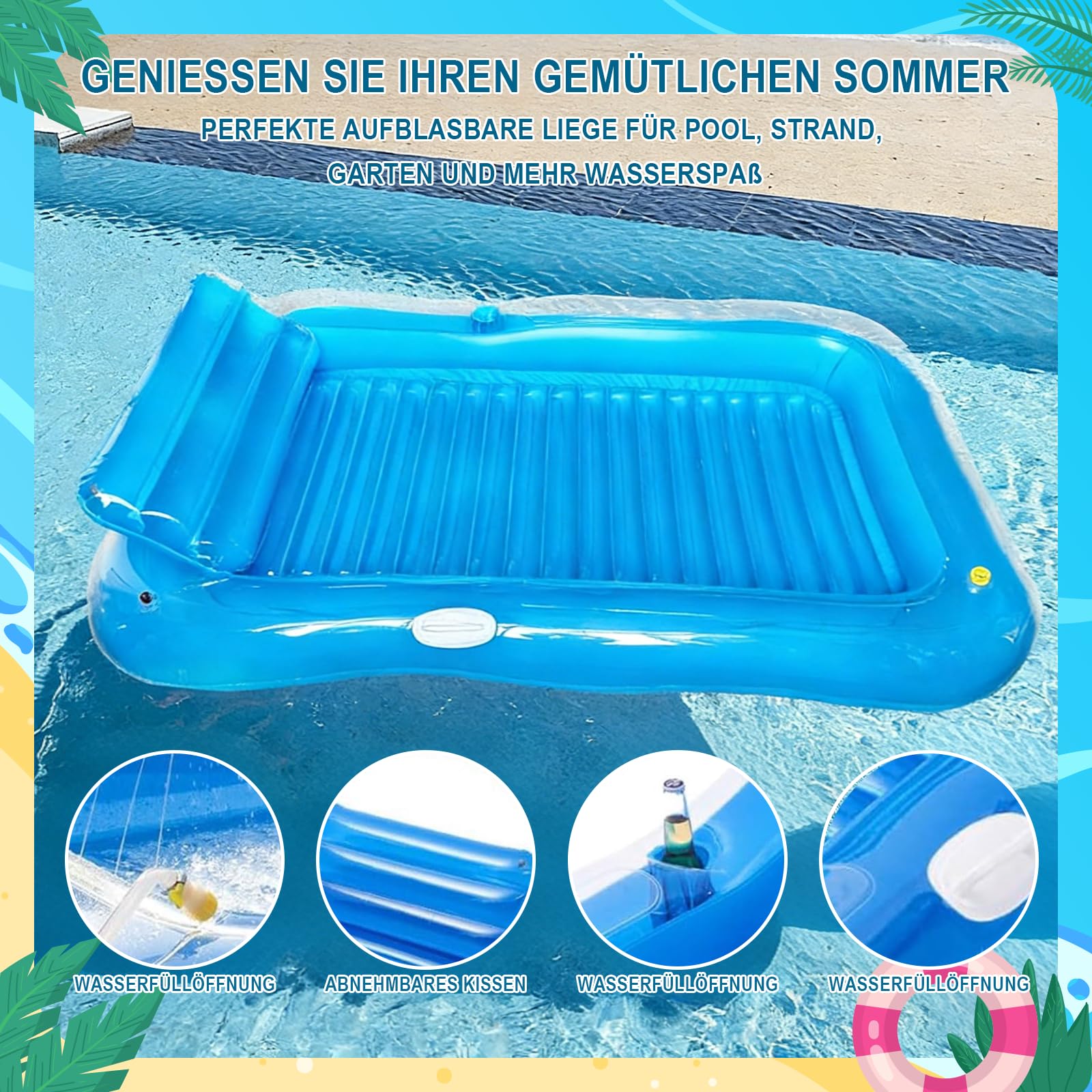 Cama hinchable azul con soporte para tazas, colchón de aire bronceado piscina adulto, mango y respaldo de verano, piscina portátil, grande, inflable para adultos, piscina, playa, diversión de verano