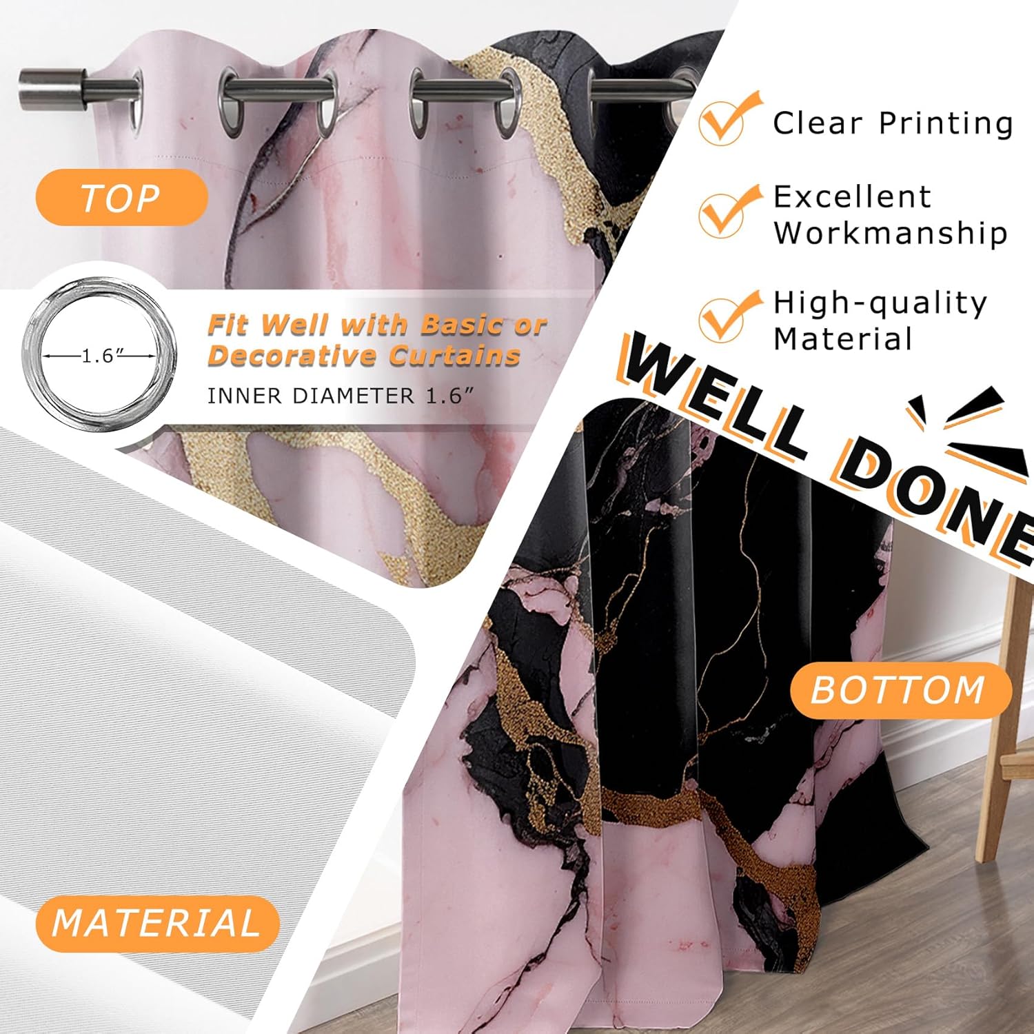 Marble Curtains 63 Inch Length - Pink and Gold Black Abstract Modern Patterned Blackout Curtains for Living Room Bedroom, Room Darkening Grommet Drapes Window Treatments, 2 Panel Set