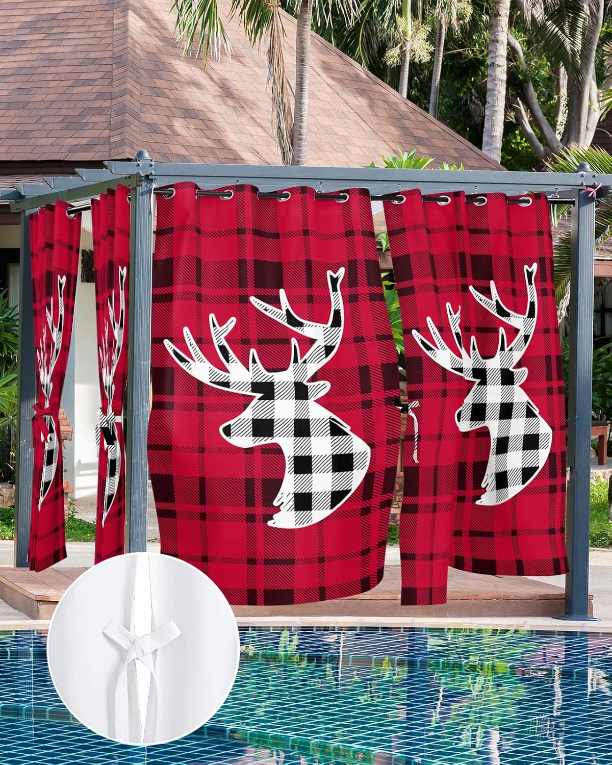 Outdoor Curtain for Patio Waterproof, Xmas Deer Head Bufflo Plaid Red Windows Curtains Panels Light Filtering Outside Drapes for Living Room/Pergola/Garden/Balcony 52" W x 84" L x 2
