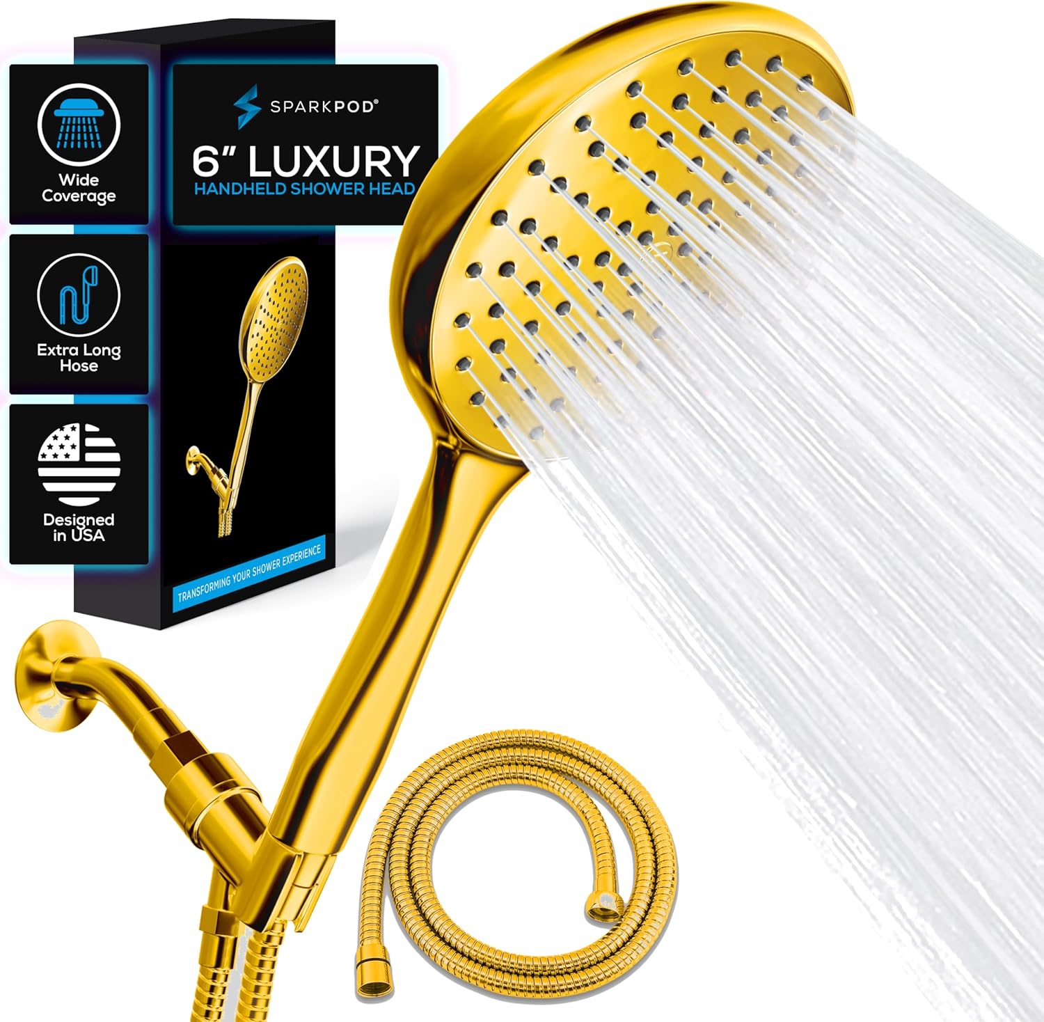 SparkPod High Pressure Handheld Shower Head with Hose - Huge 6-Inch Rainfall Shower Head, Extra Long 6ft. Hose & Adjustable Bracket- Luxury Showerheads- 1-Min Installation (Egyptian Gold)