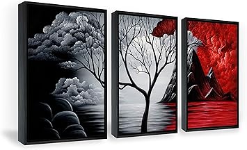 Wieco Art Framed Wall Art the Cloud Tree Wall Art HD print of Oil Paintings Landscape Canvas Prints for Home Decorations, 3 Panels with Black Frames
