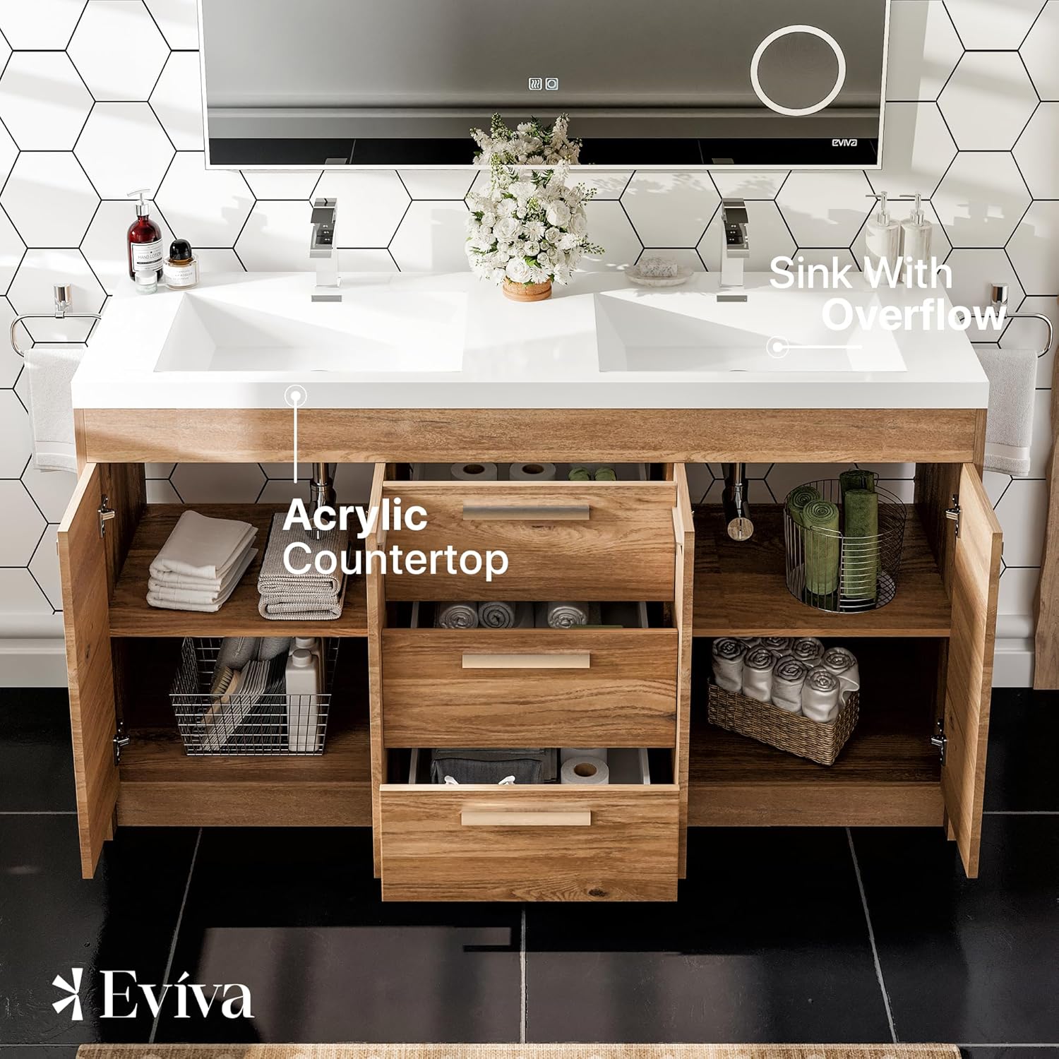 Eviva Lugano 60 in. Natural Oak Double Sink Bath Vanity with Acrylic Top and Integrated Sinks