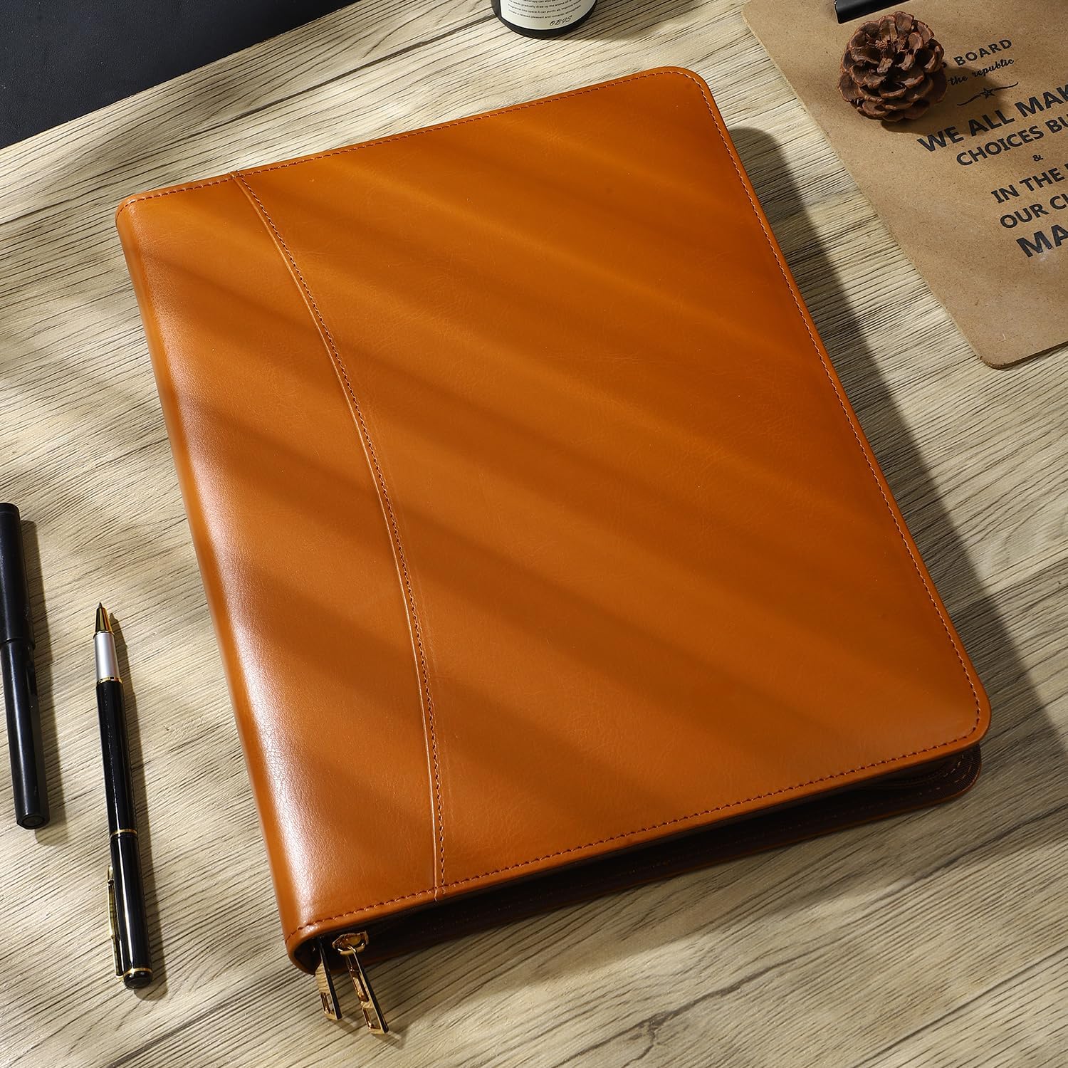 Pro PU Leather Padfolio - 10.1" Business Portfolio Organizer with Tablet & Phone Pocket, Zippered Document Holder, Card Slots & Writing Pad | Executive Gift for Professionals (Orange)
